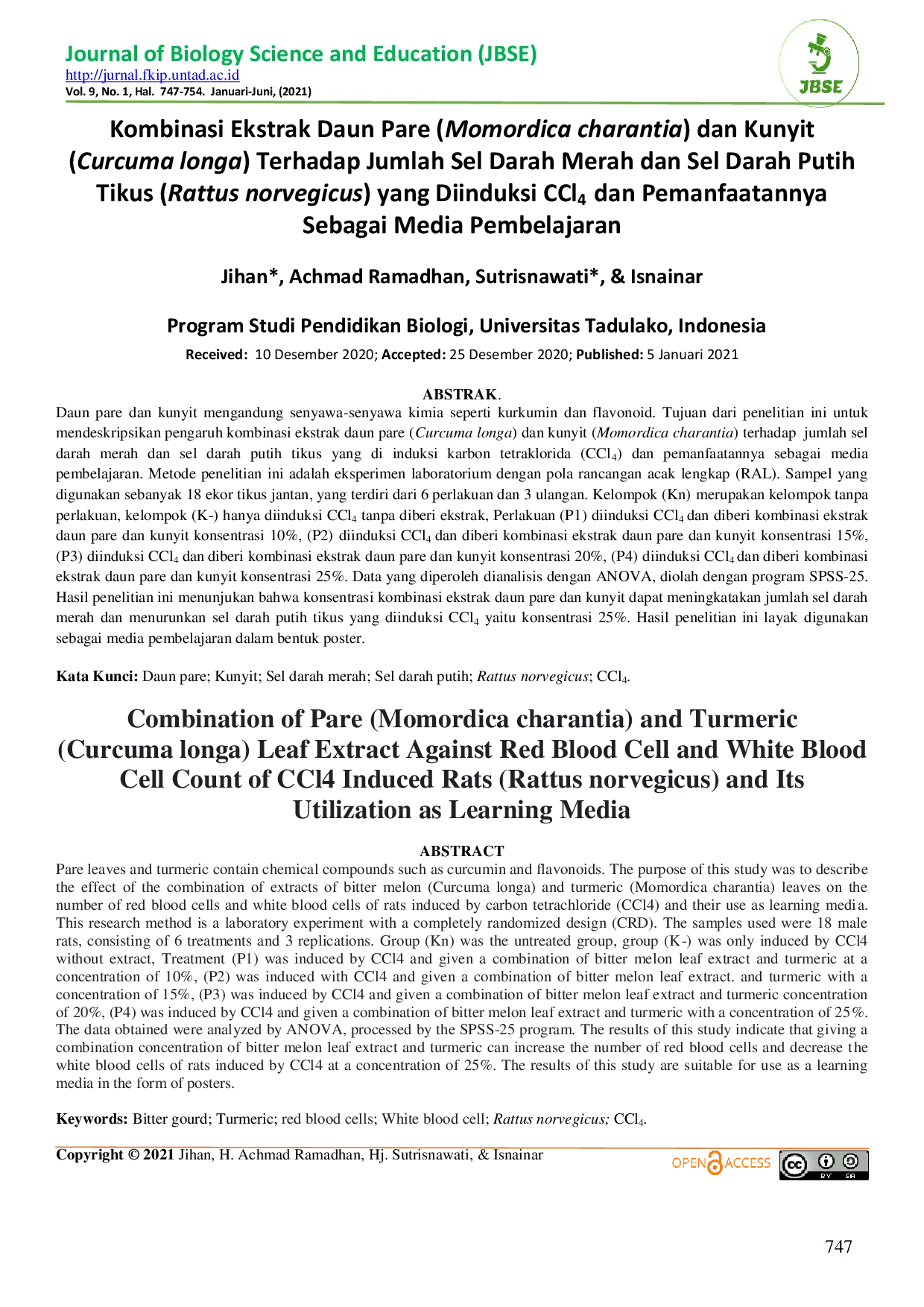 JURIS Kombinasi Ekstrak Daun Pare Momordica charantia dan Kunyit Curcuma longa Terhadap Jumlah Sel Darah Merah dan Sel Darah Putih Tikus Rattus norvegicus yang Diinduksi CCl4 dan Pemanfaatannya Seb