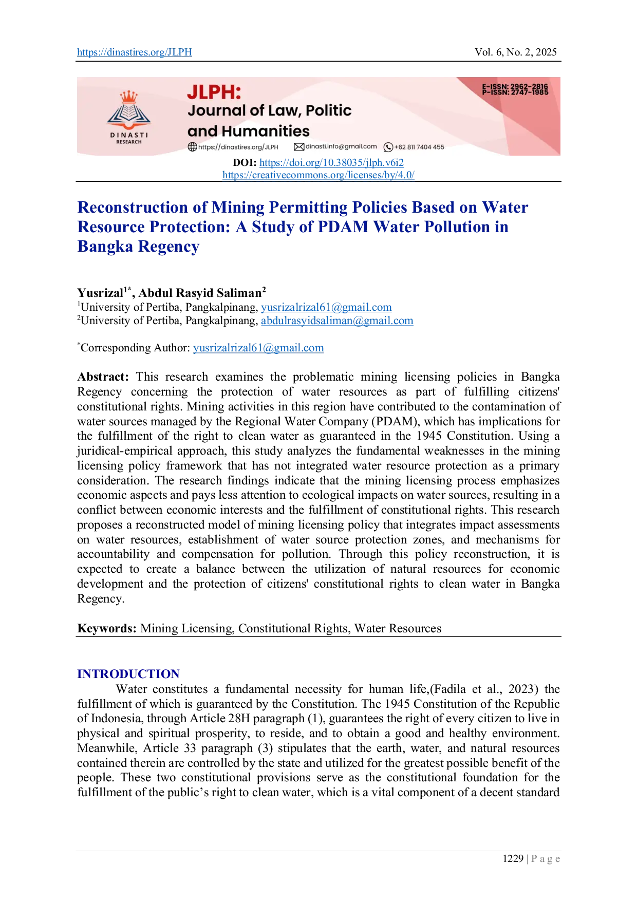 JURIS Reconstruction Reconstruction of Mining Permitting Policies Based on Water Resource Protection A Study of PDAM Water Pollution in Bangka Regency