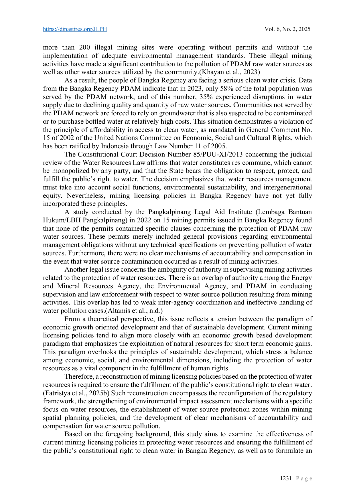 JURIS Reconstruction Reconstruction of Mining Permitting Policies Based on Water Resource Protection A Study of PDAM Water Pollution in Bangka Regency