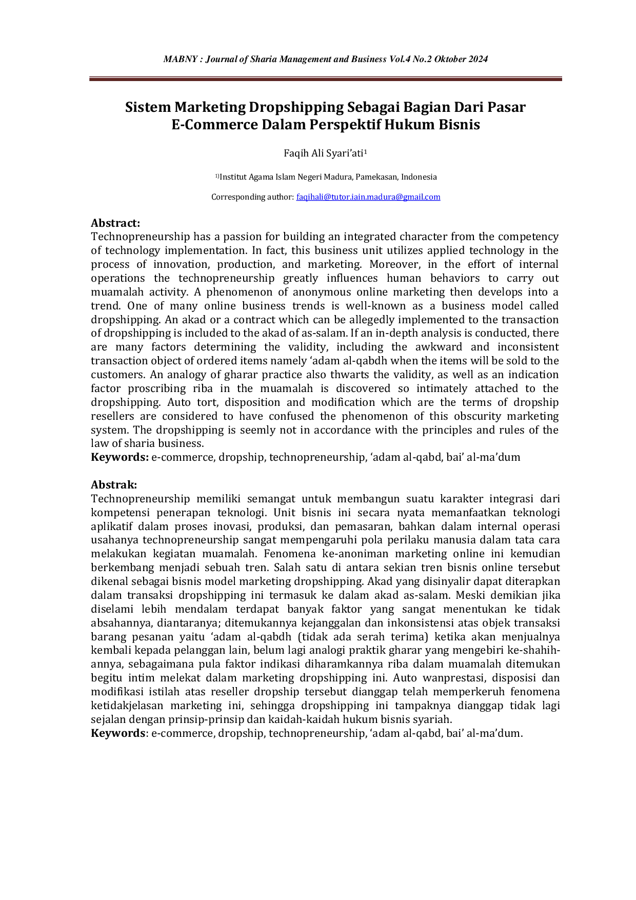 JURIS Sistem Marketing Dropshipping Sebagai Bagian Dari Pasar E Commerce Dalam Perspektif Hukum Bisnis