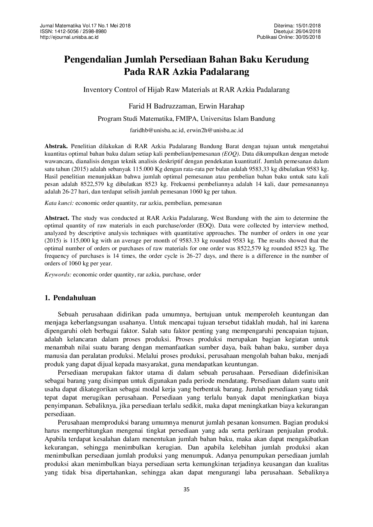 JURIS Pengendalian Jumlah Persediaan Bahan Baku Kerudung Pada RAR Azkia Padalarang