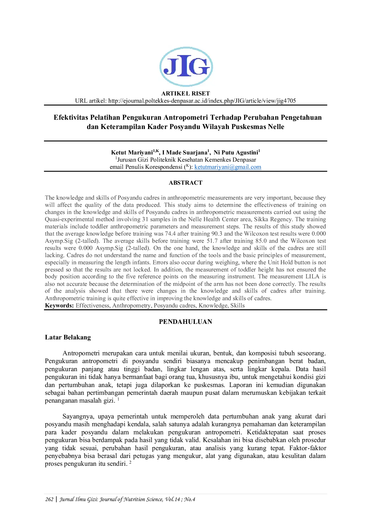 JURIS Efektivitas Pelatihan Pengukuran Antropometri Terhadap Perubahan Pengetahuan Pengetahuan dan Keterampilan Kader Posyandu Wilayah Puskesmas Nelle