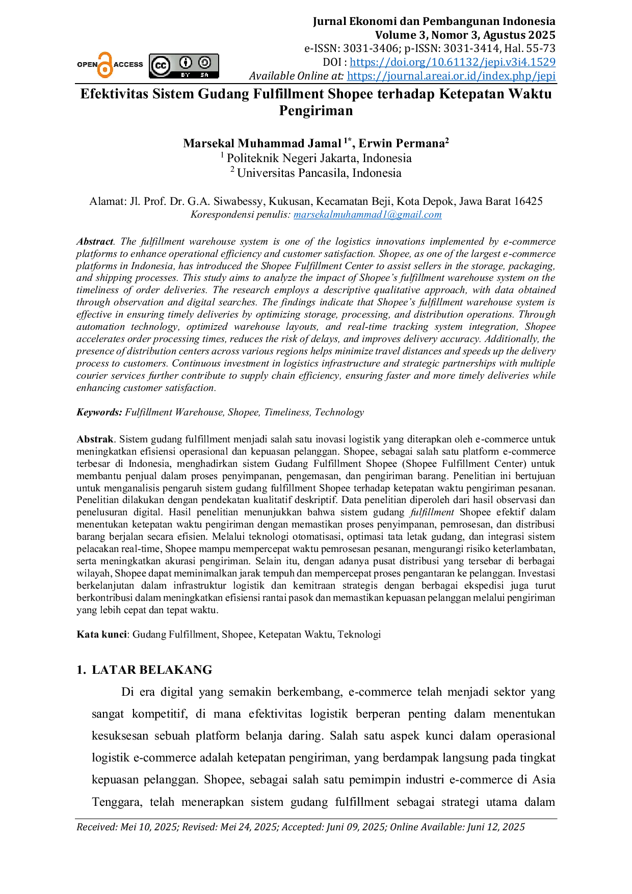 JURIS Efektivitas Sistem Gudang Fulfillment Shopee terhadap Ketepatan Waktu Pengiriman