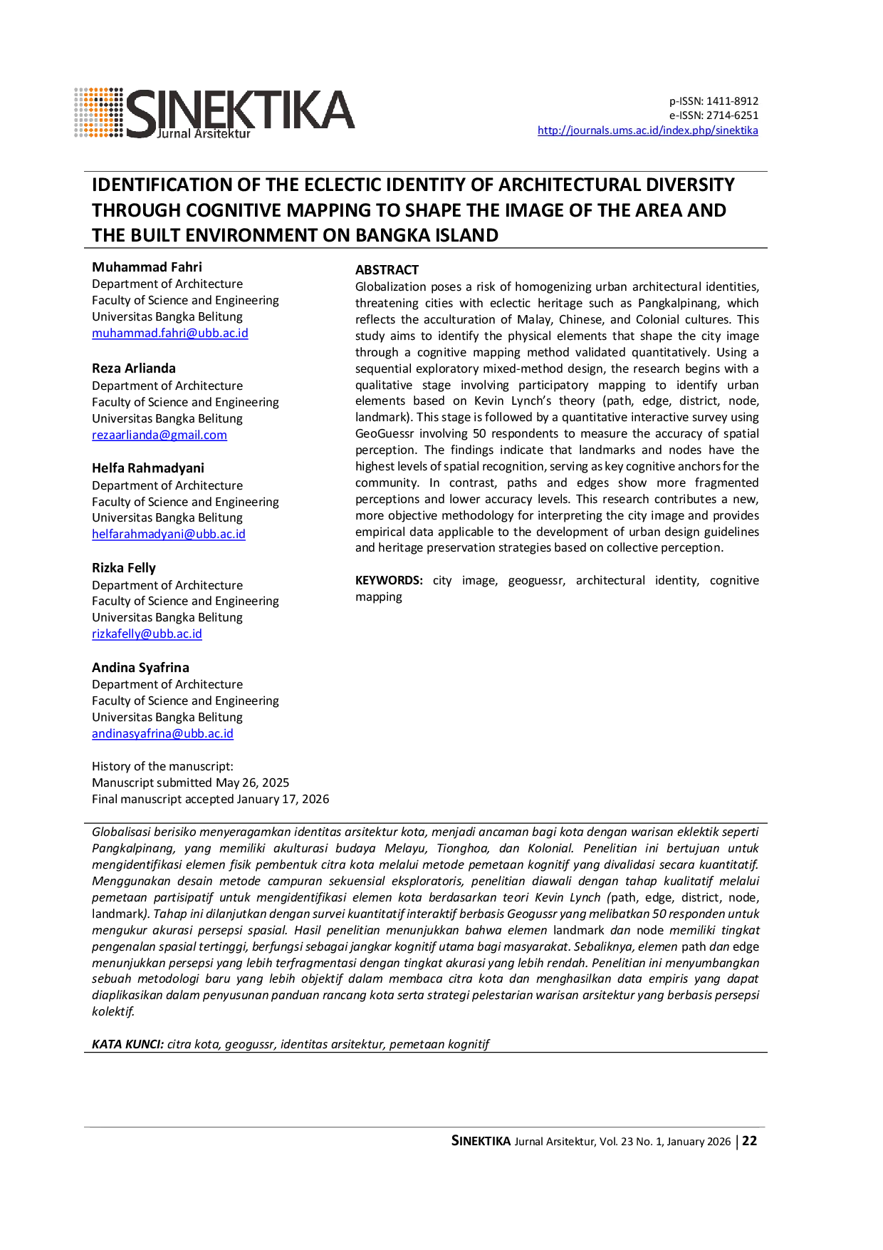 JURIS Identification of The Eclectic Identity of Architectural Diversity Through Cognitive Mapping to Shape The Image of The Area and The Built Environment on Bangka Island