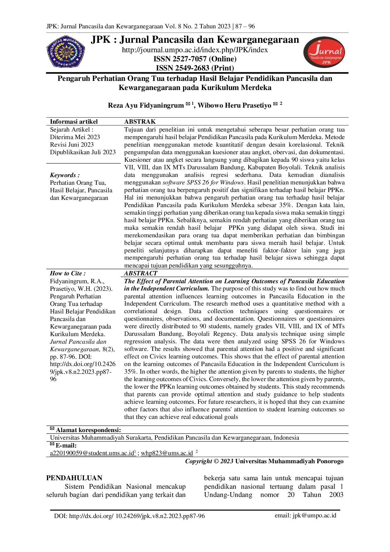 JURIS Pengaruh Perhatian Orang Tua terhadap Hasil Belajar Pendidikan Pancasila dan Kewarganegaraan pada Kurikulum Merdeka