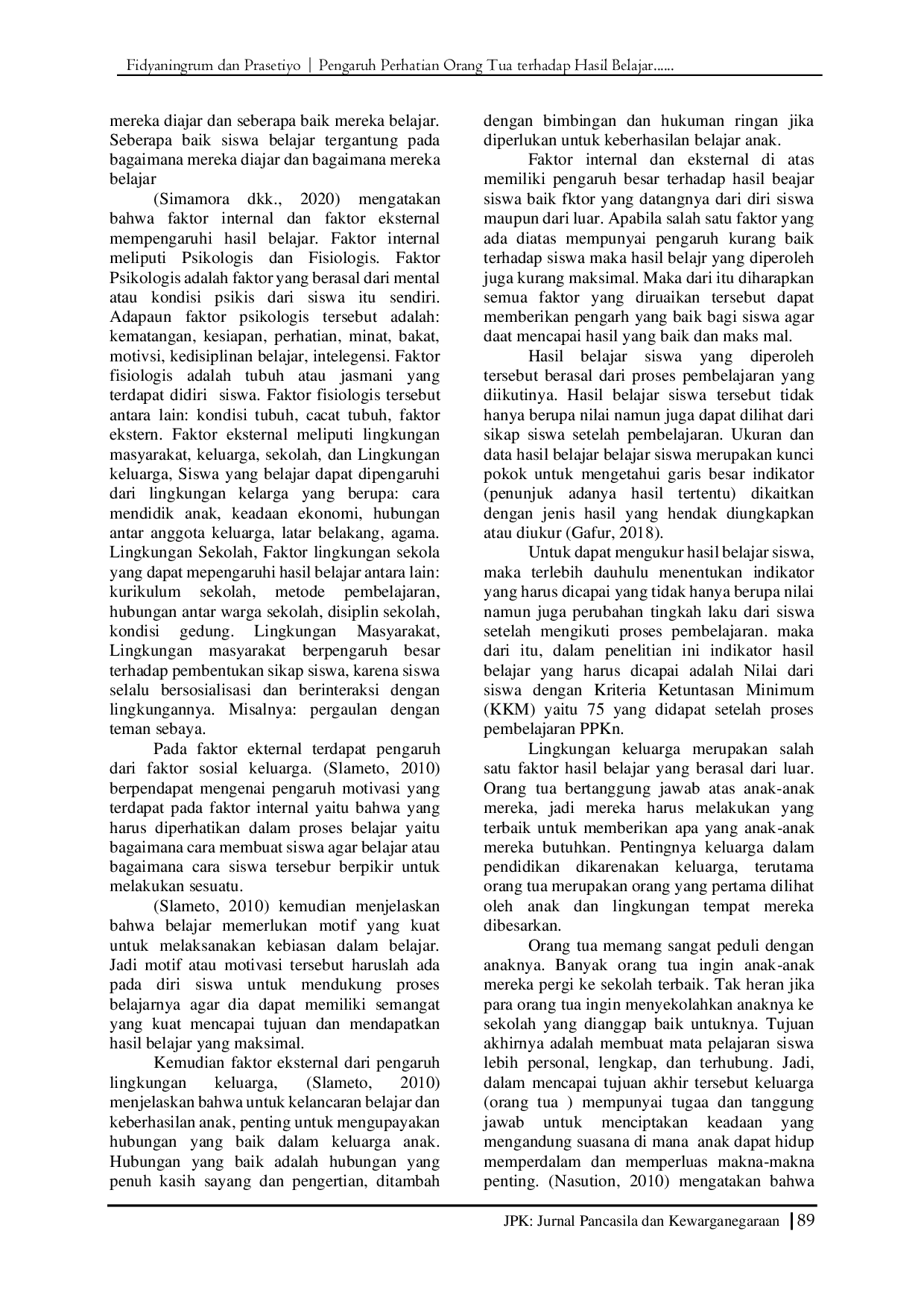 JURIS Pengaruh Perhatian Orang Tua terhadap Hasil Belajar Pendidikan Pancasila dan Kewarganegaraan pada Kurikulum Merdeka