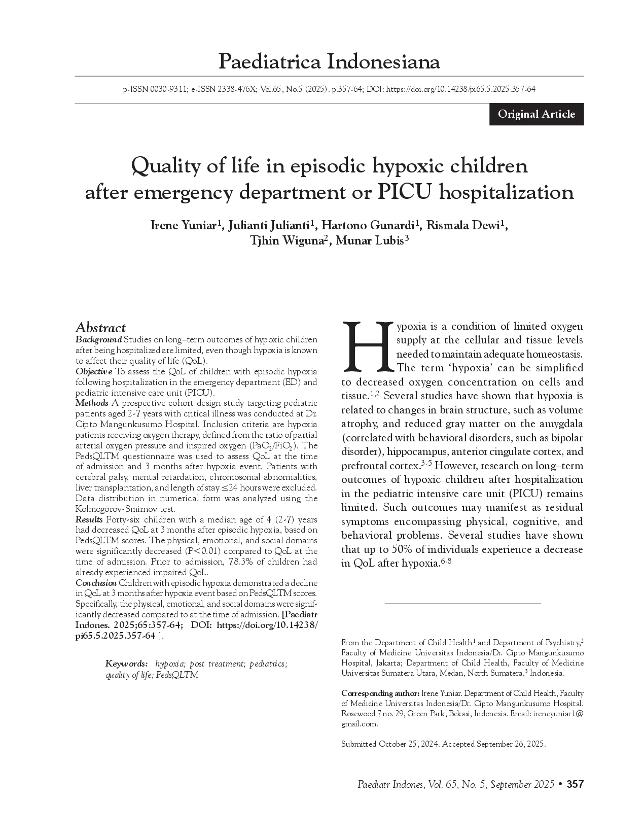 juris Quality of life in episodic hypoxic children after emergency department or PICU hospitalization