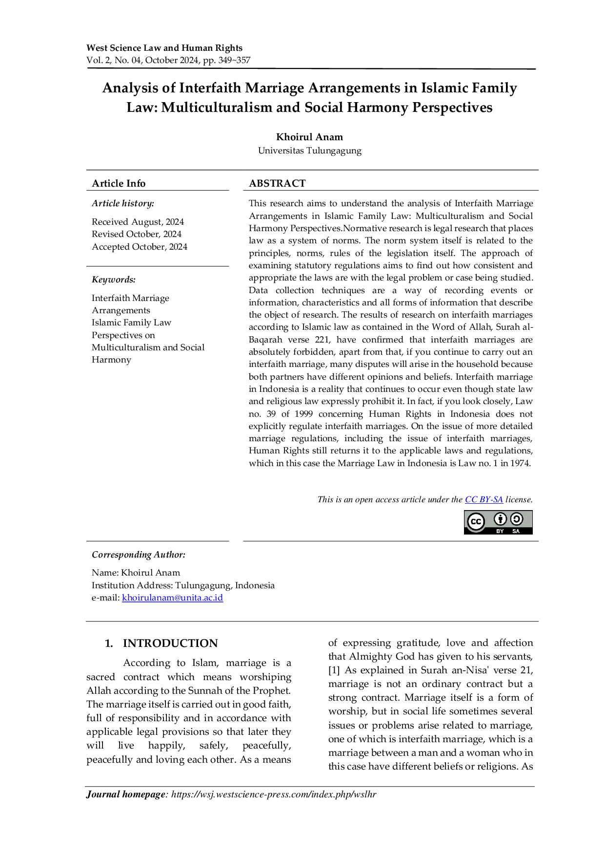 JURIS Analysis of Interfaith Marriage Arrangements in Islamic Family Law Multiculturalism and Social Harmony Perspectives