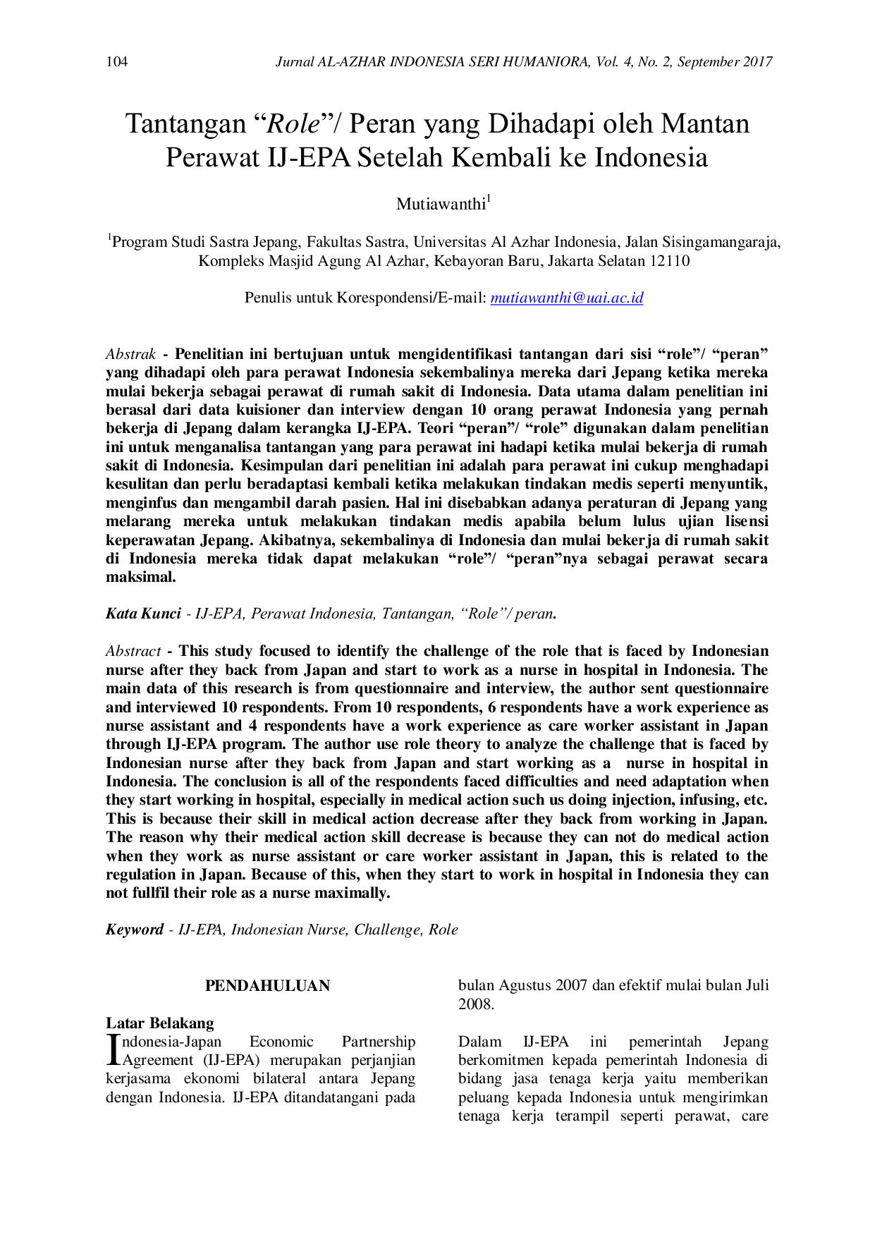 JURIS Tantangan Role Ay Peran yang Dihadapi oleh Mantan Perawat IJ EPA Setelah Kembali ke Indonesia