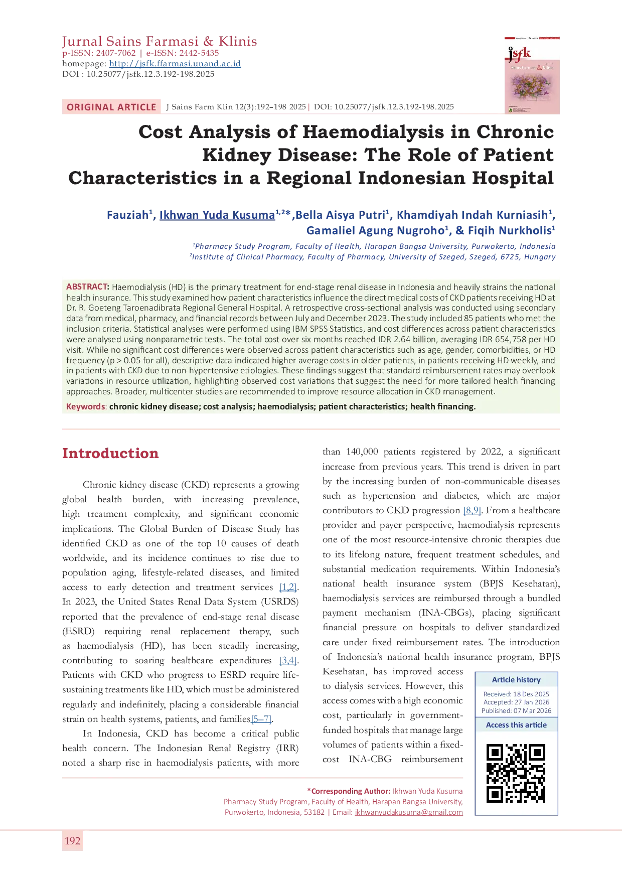 JURIS Analisis Biaya Hemodialisis pada Penyakit Ginjal Kronis Peran Karakteristik Pasien di Rumah Sakit Regional Indonesia