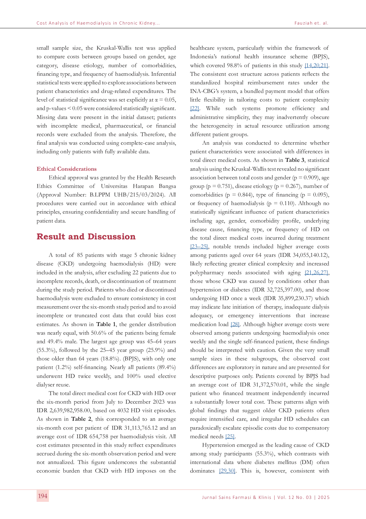 JURIS Analisis Biaya Hemodialisis pada Penyakit Ginjal Kronis Peran Karakteristik Pasien di Rumah Sakit Regional Indonesia