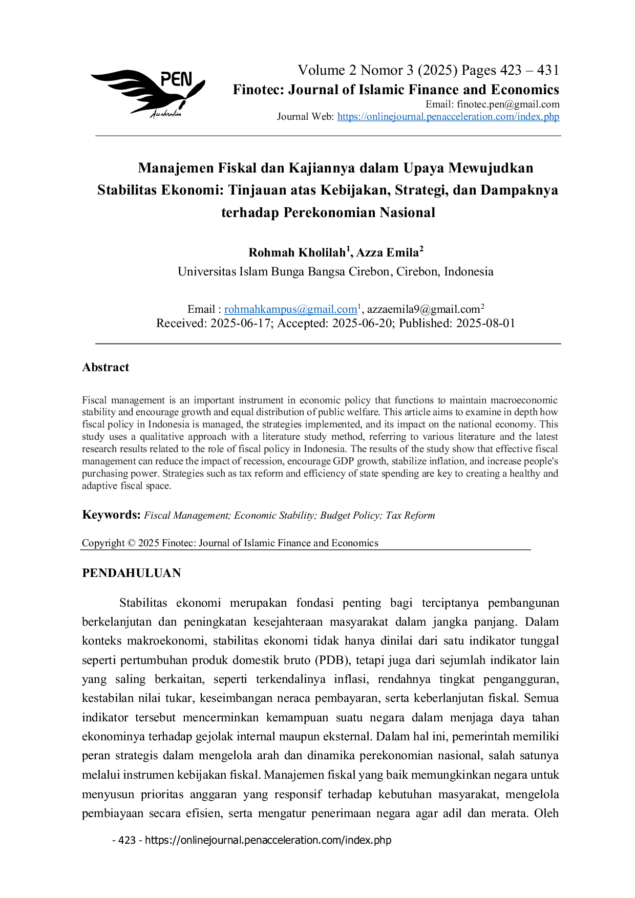 JURIS Manajemen Fiskal dan Kajiannya dalam Upaya Mewujudkan Stabilitas Ekonomi Tinjauan atas Kebijakan Strategi dan Dampaknya terhadap Perekonomian Nasional