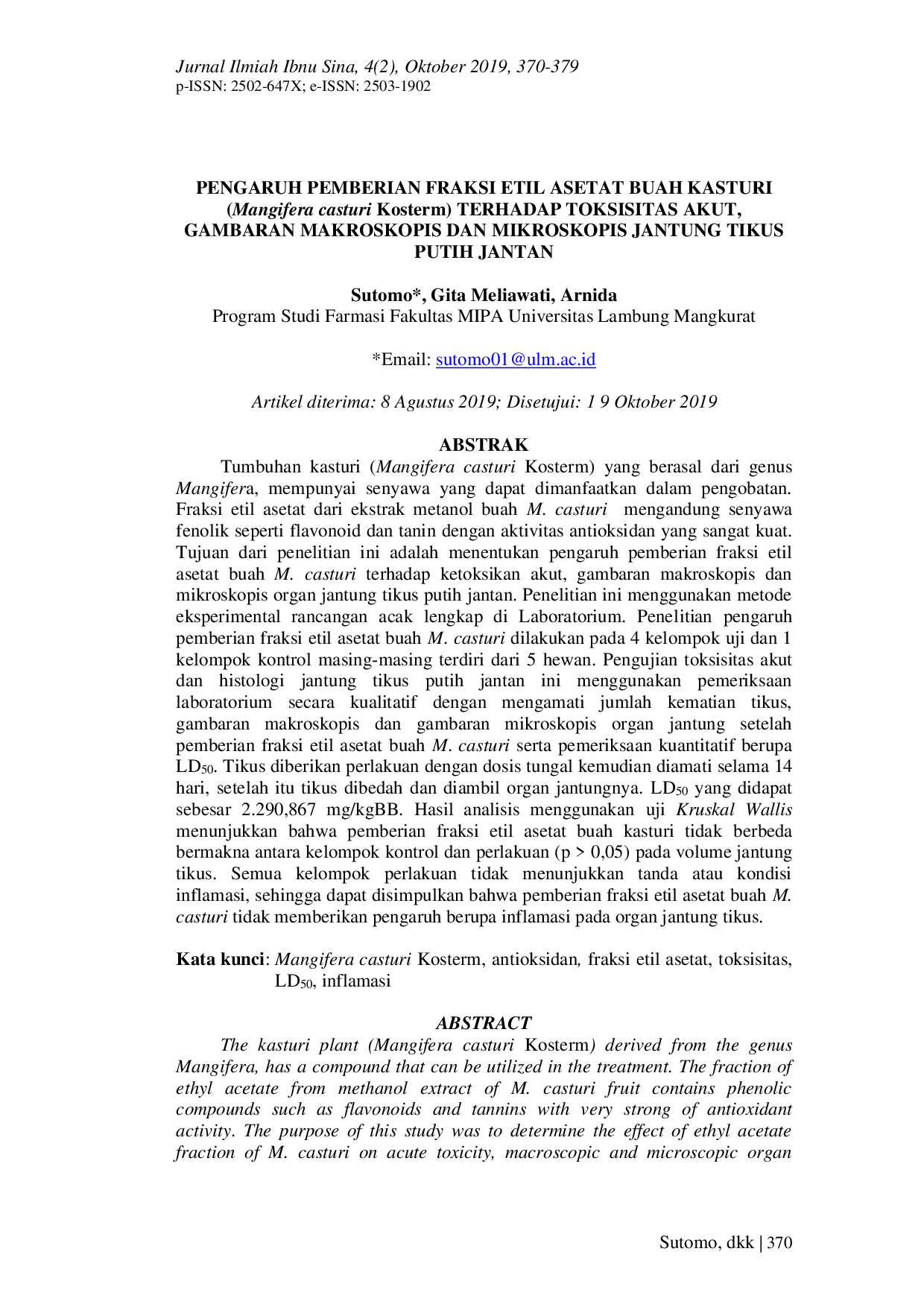 JURIS PENGARUH PEMBERIAN FRAKSI ETIL ASETAT BUAH KASTURI Mangifera casturi Kosterm TERHADAP TOKSISITAS AKUT GAMBARAN MAKROSKOPIS DAN MIKROSKOPIS JANTUNG TIKUS PUTIH JANTAN