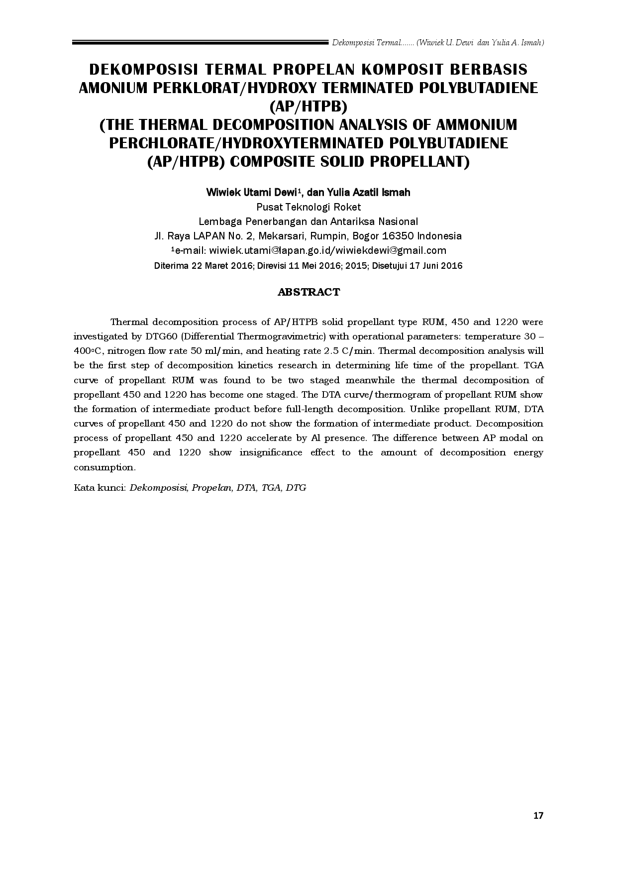 juris Dekomposisi Termal Propelan Komposit Berbasis Amonium Perklorat Hydroxy Terminated Polybutadiene AP HTPB
