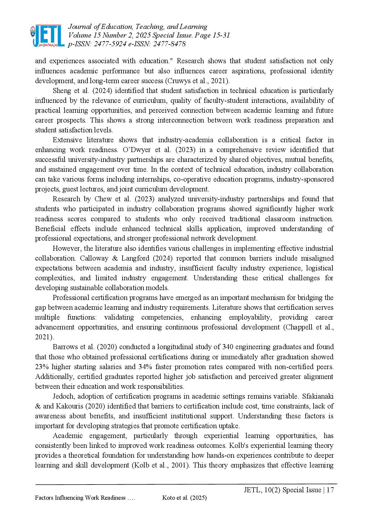 juris Factors Influencing Work Readiness and Student Satisfaction in Technical Education A Systematic Review of Industry Collaboration Certification and Academic Engagement
