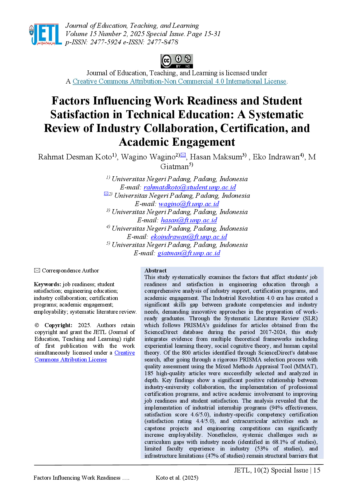 juris Factors Influencing Work Readiness and Student Satisfaction in Technical Education A Systematic Review of Industry Collaboration Certification and Academic Engagement