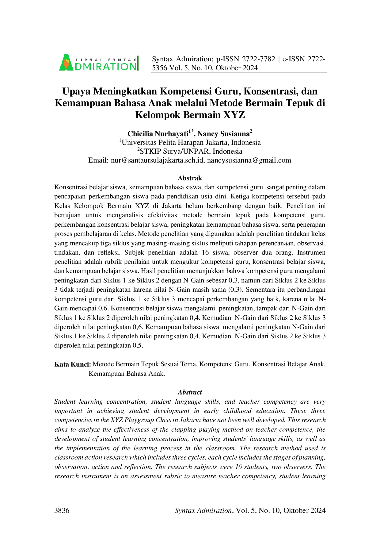 JURIS Upaya Meningkatkan Kompetensi Guru Konsentrasi dan Kemampuan Bahasa Anak melalui Metode Bermain Tepuk di Kelompok Bermain XYZ