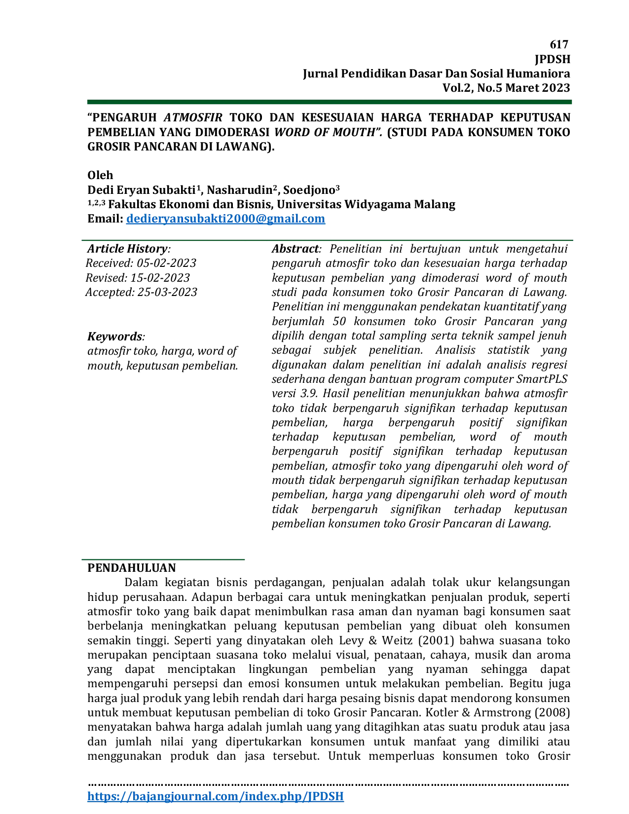 JURIS Pengaruh Atmosfir Toko dan Kesesuaian Harga Terhadap Keputusan Pembelian yang Dimoderasi Word of Mouth