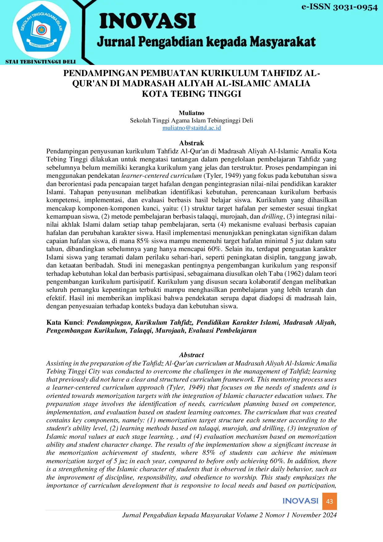 JURIS Assisting in the Creation of Tahfidz Al Qur an Curriculum at Madrasah Aliyah Al Islamic Amalia Tebing Tinggi City