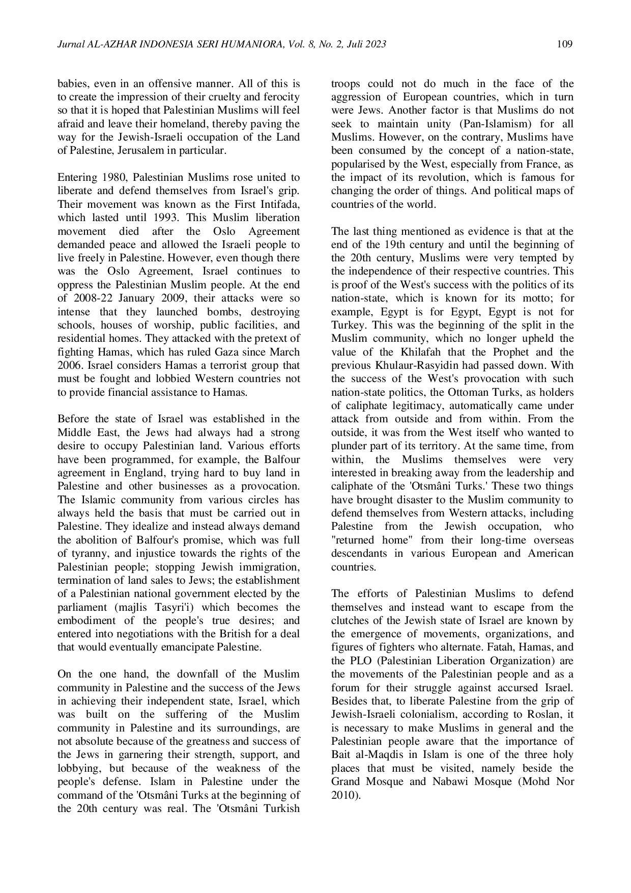 JURIS Palestine Israel Conflict Resolution Analysis Study in the Perspective of Islamic History