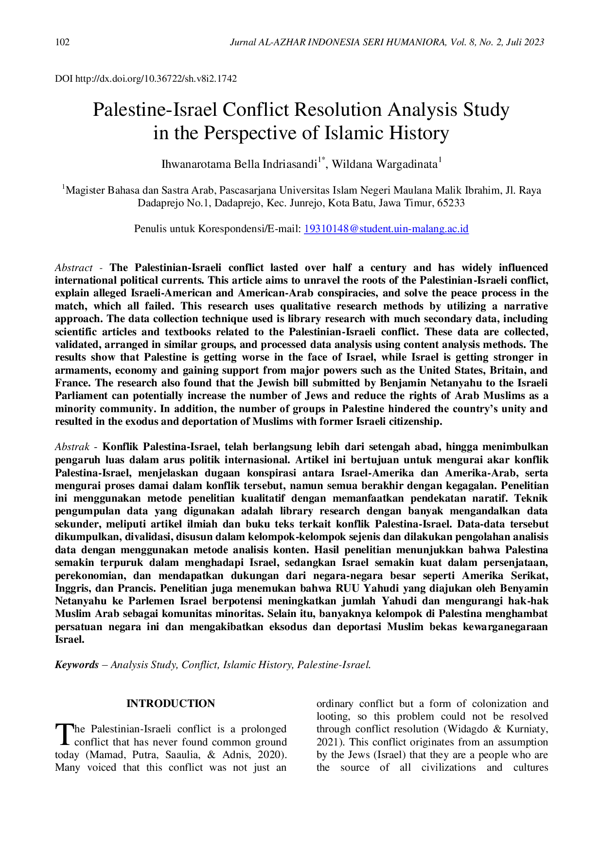 JURIS Palestine Israel Conflict Resolution Analysis Study in the Perspective of Islamic History
