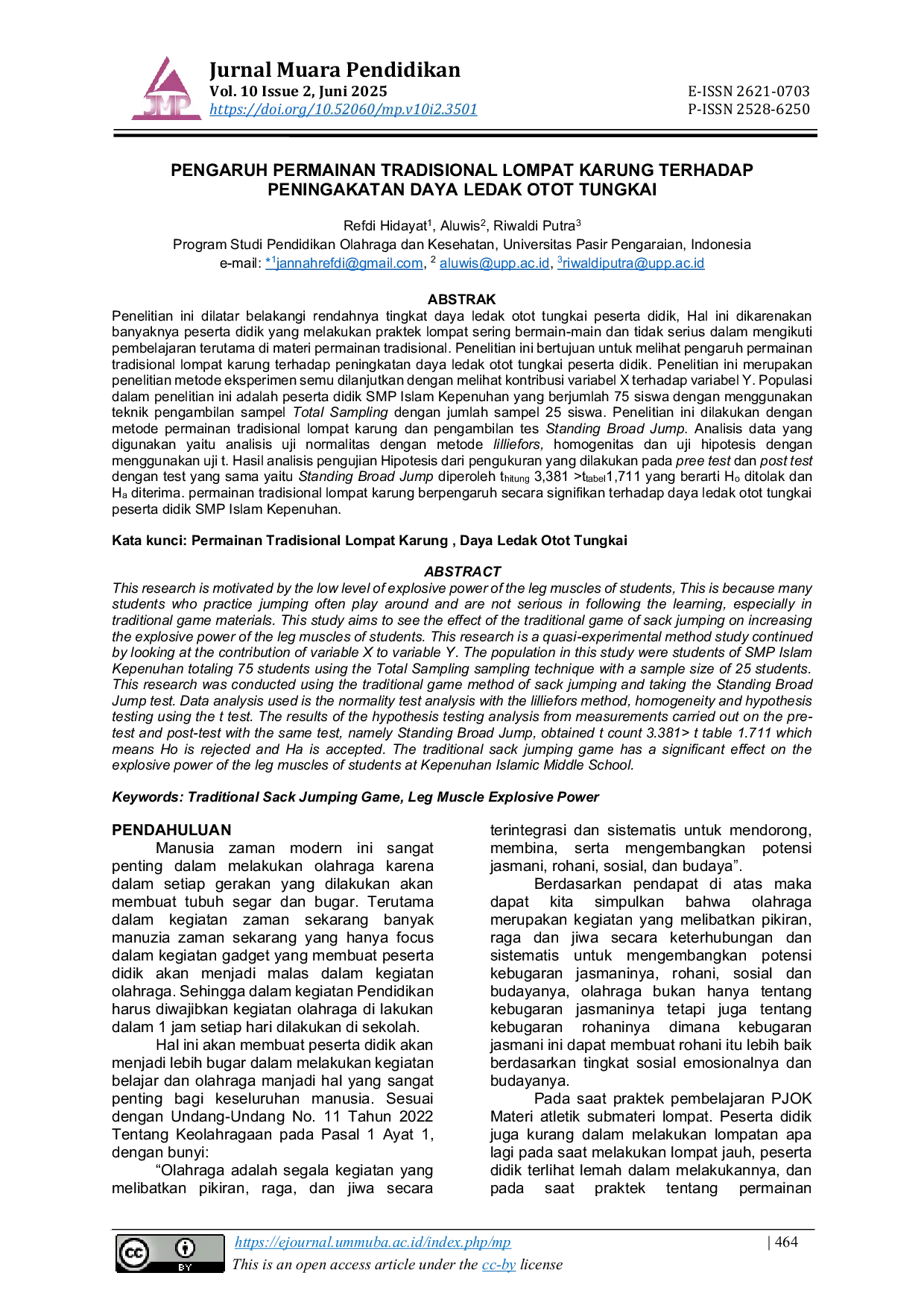 JURIS Pengaruh Permainan Tradisional Lompat Karung Terhadap Peningkatan Daya Ledak Otot Tungkai