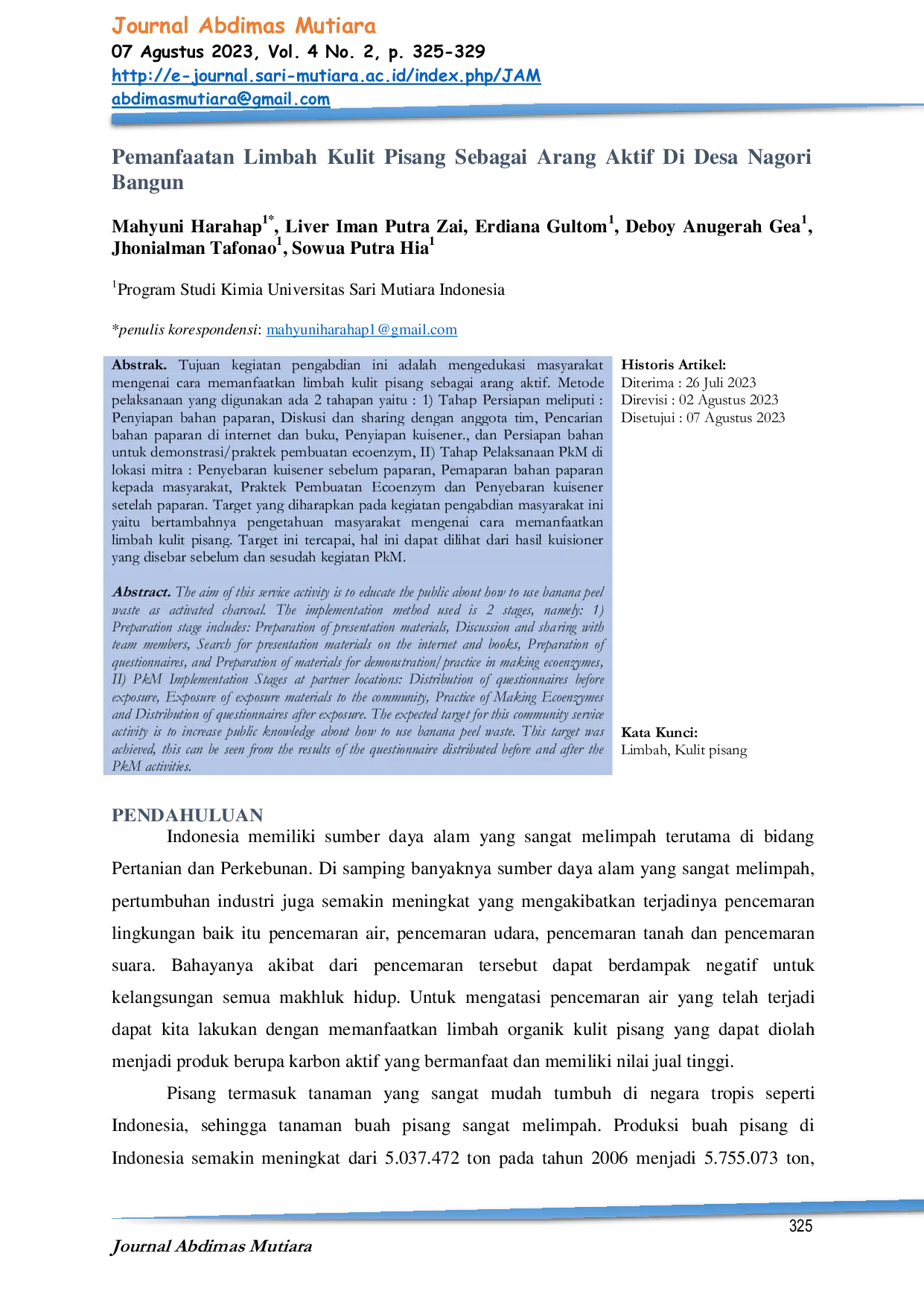 JURIS Pemanfaatan Limbah Kulit Pisang Sebagai Arang Aktif Di Desa Nagori Bangun