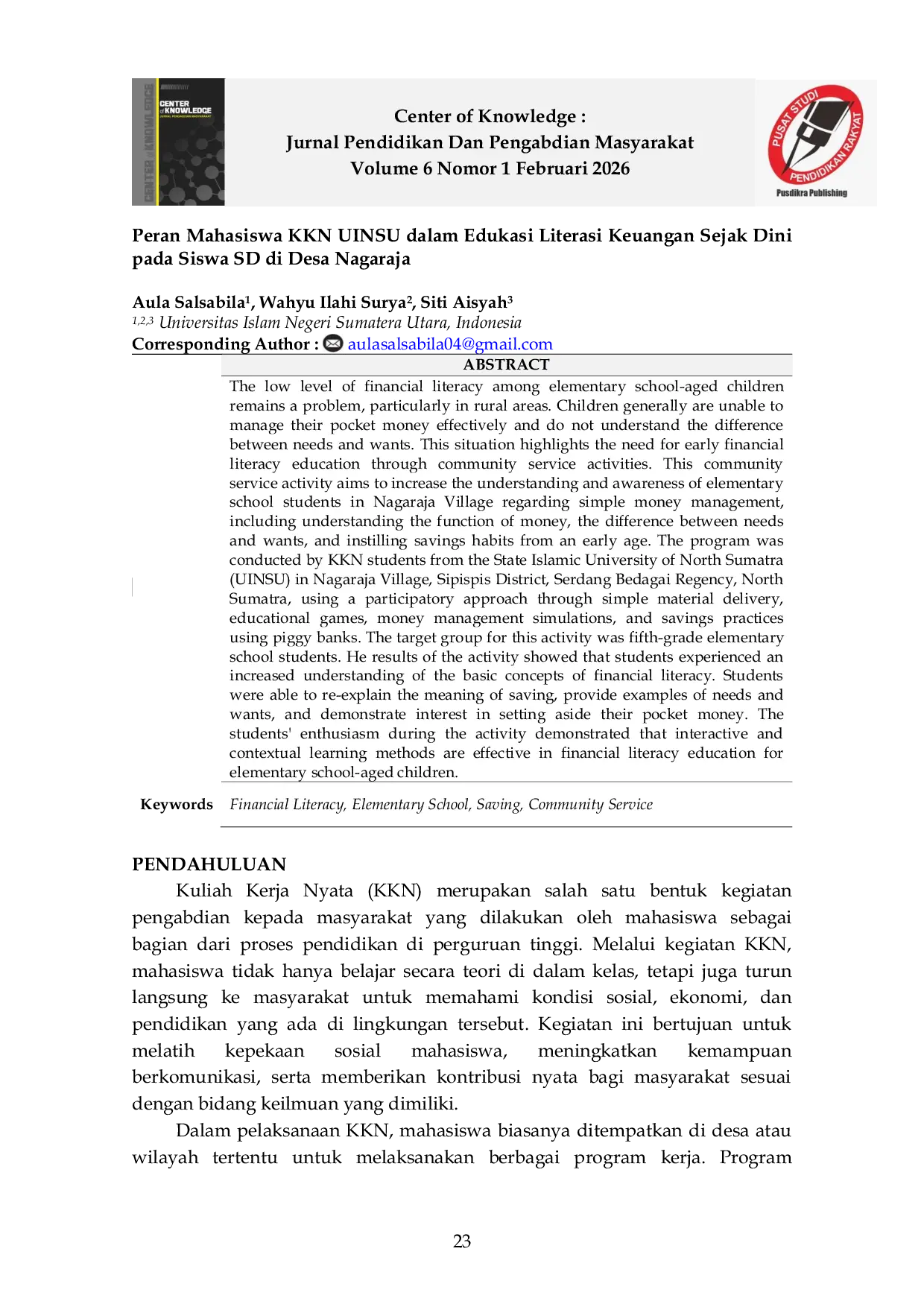 JURIS Peran Mahasiswa KKN UINSU dalam Edukasi Literasi Keuangan Sejak Dini pada Siswa SD di Desa Nagaraja