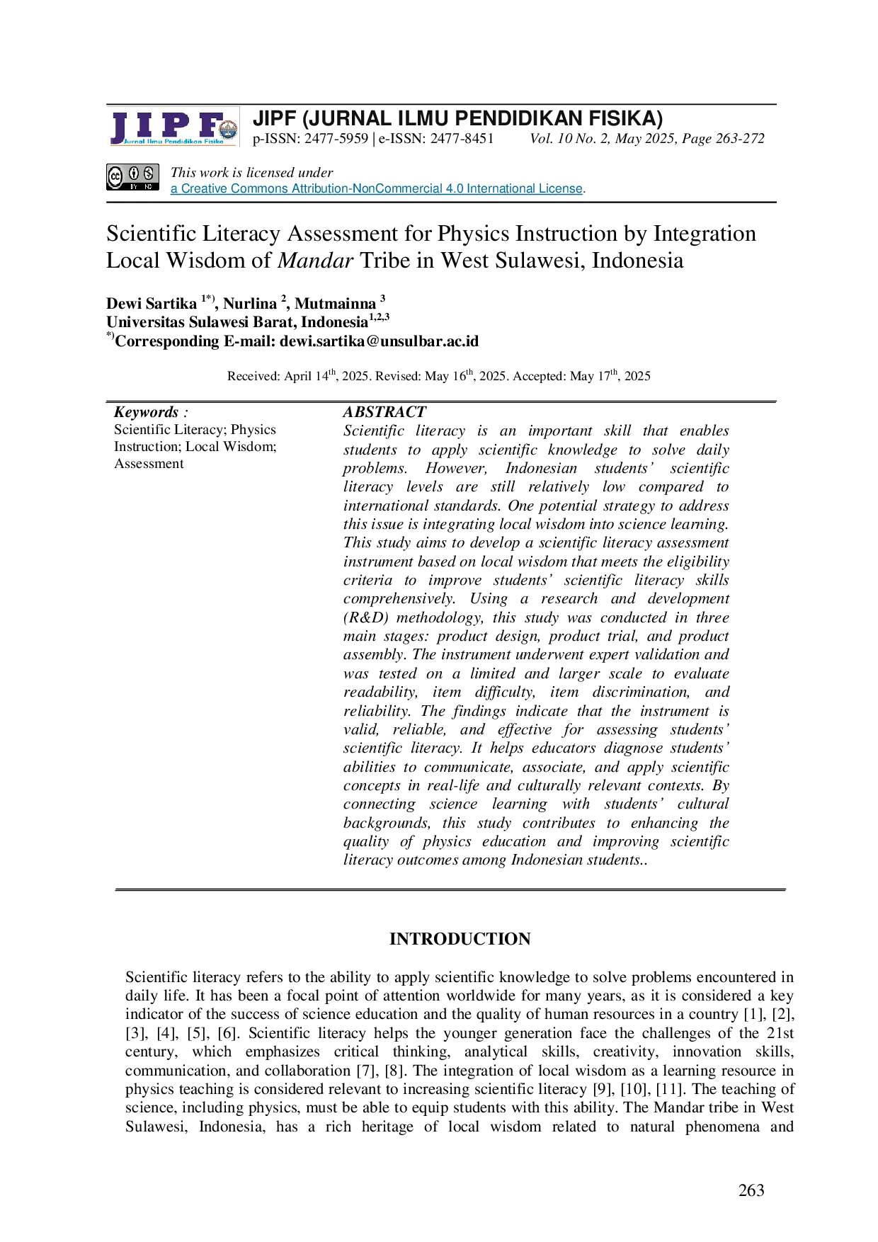 JURIS Scientific Literacy Assessment for Physics Instruction by Integration Local Wisdom of Mandar Tribe in West Sulawesi Indonesia