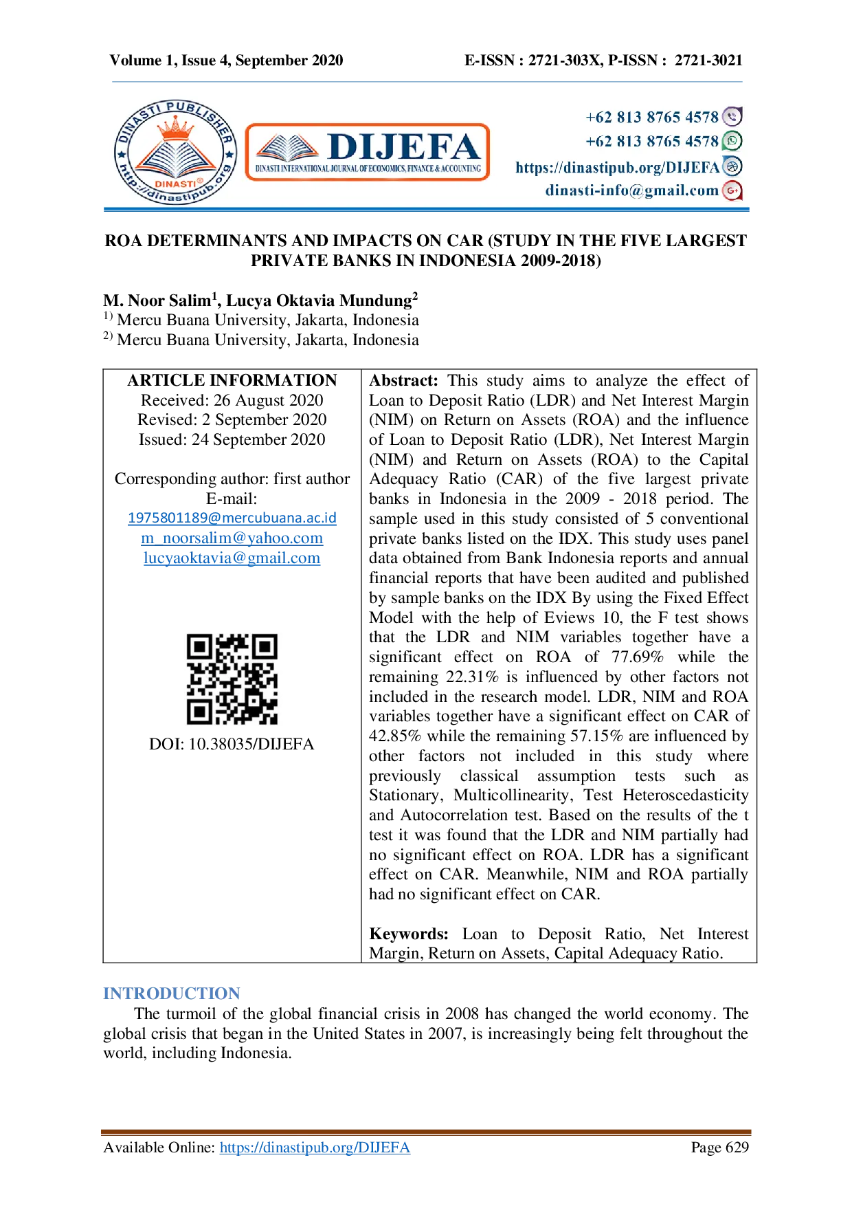 juris Roa Determinants And Impacts On Car Study In The Five Largest Private Banks In Indonesia 2009 2018