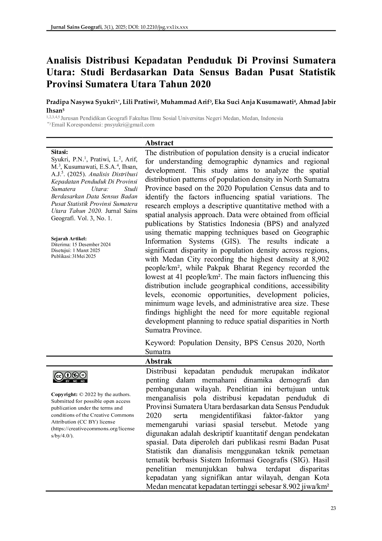JURIS Analisis Distribusi Kepadatan Penduduk Di Provinsi Sumatera Utara Studi Berdasarkan Data Sensus Badan Pusat Statistik Provinsi Sumatera Utara Tahun 2020