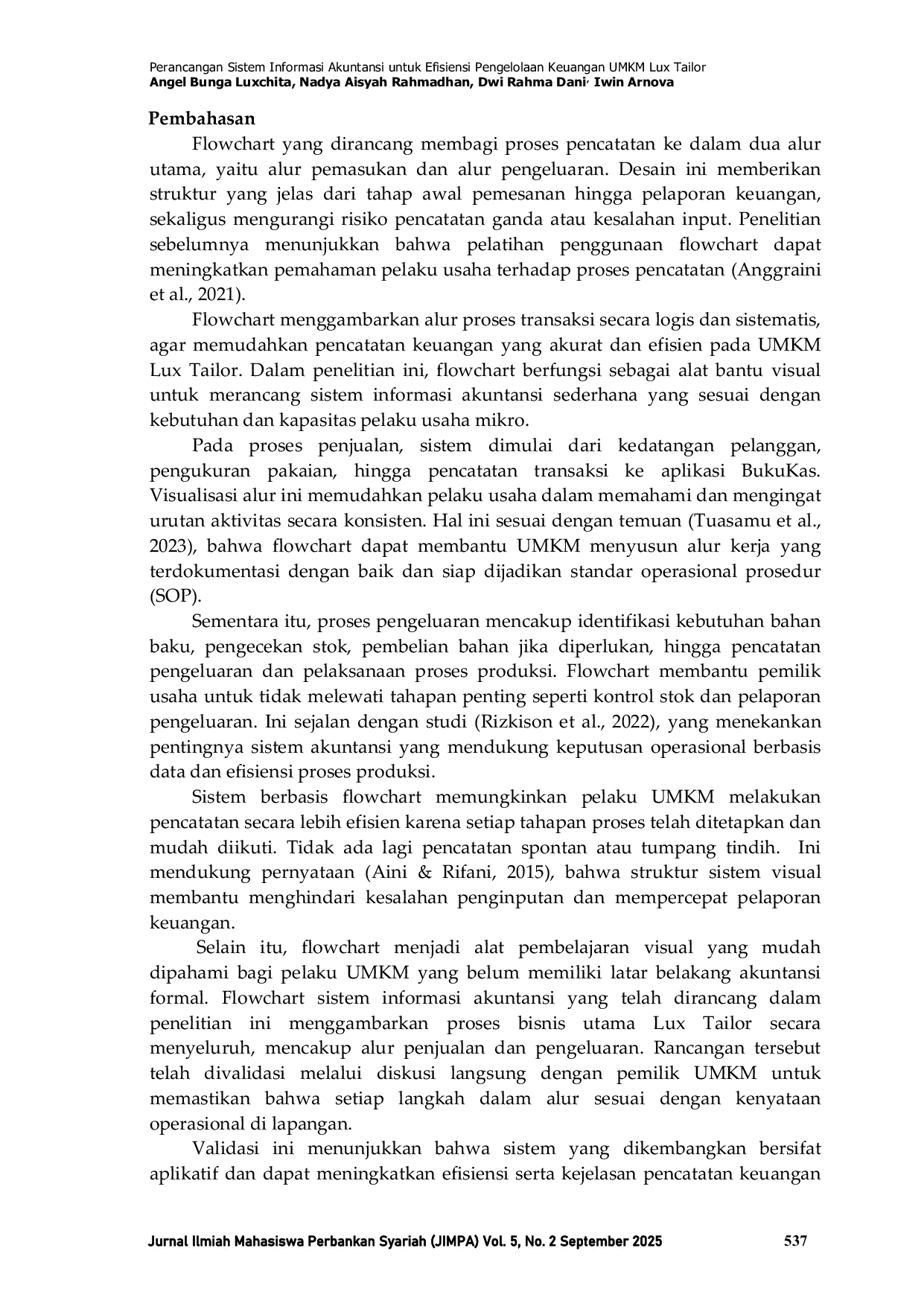 JURIS Perancangan Sistem Informasi Akuntansi Menggunakan Flowchart untuk Efisiensi pada UMKM Lux Tailor