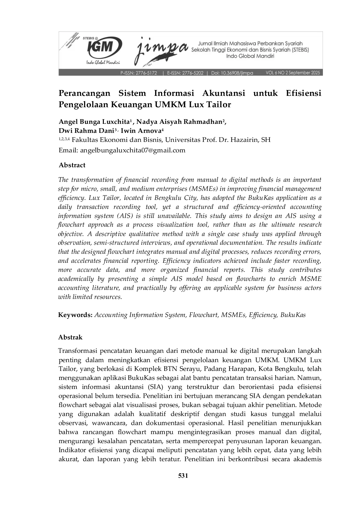 JURIS Perancangan Sistem Informasi Akuntansi Menggunakan Flowchart untuk Efisiensi pada UMKM Lux Tailor