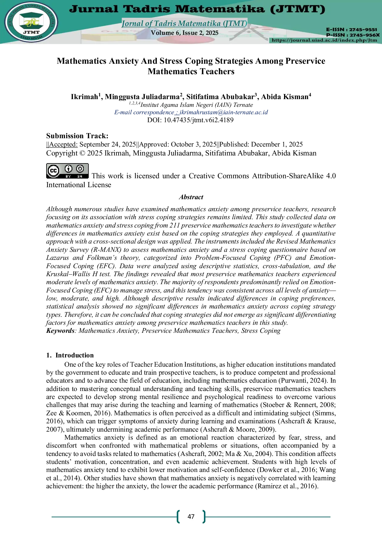 JURIS Mathematics Anxiety And Stress Coping Strategies Among Preservice Mathematics Teachers