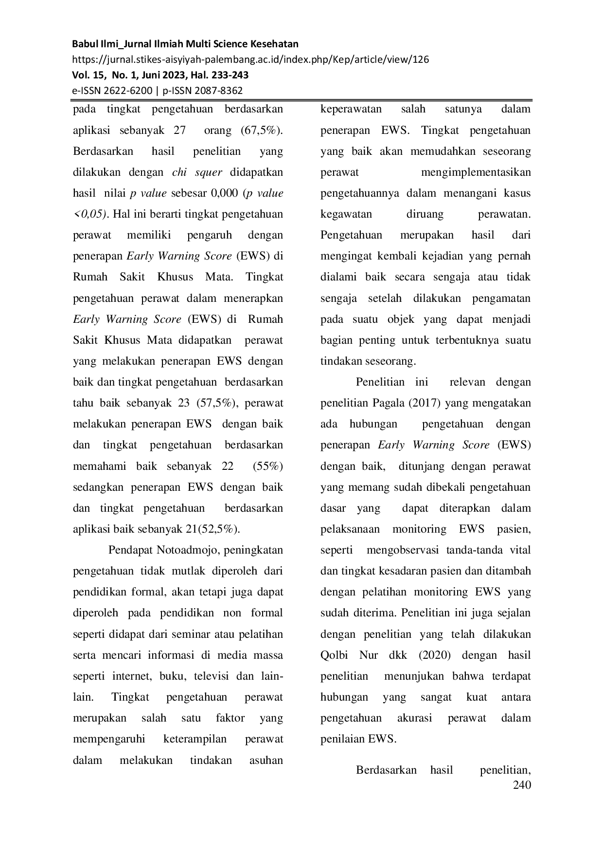 JURIS Pengaruh Tingkat Pengetahuan Perawat Dengan Penerapan Early Warning Score EWS
