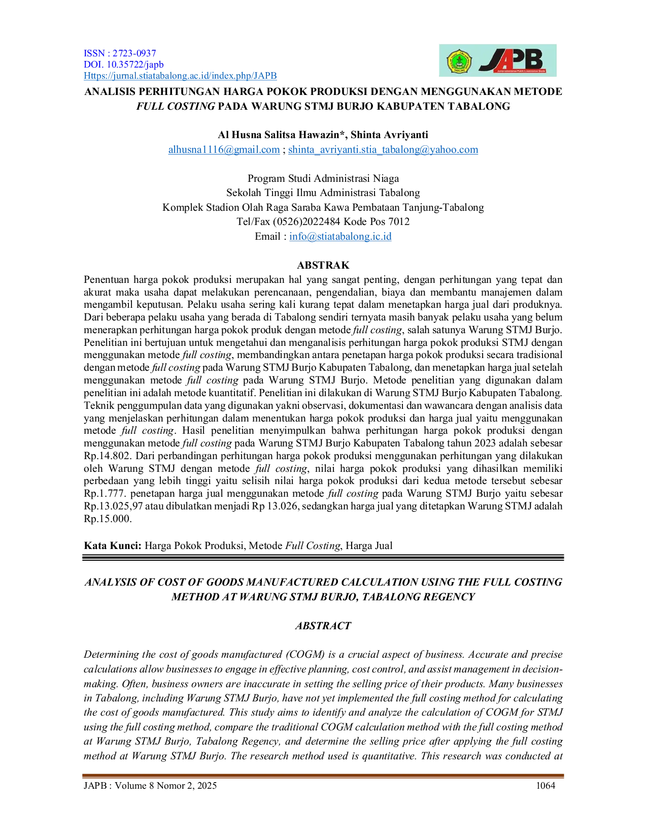 JURIS Analisis Perhitungan Harga Pokok Produksi Dengan Menggunakan Metode Full Costing Pada Warung Stmj Burjo Kabupaten Tabalong