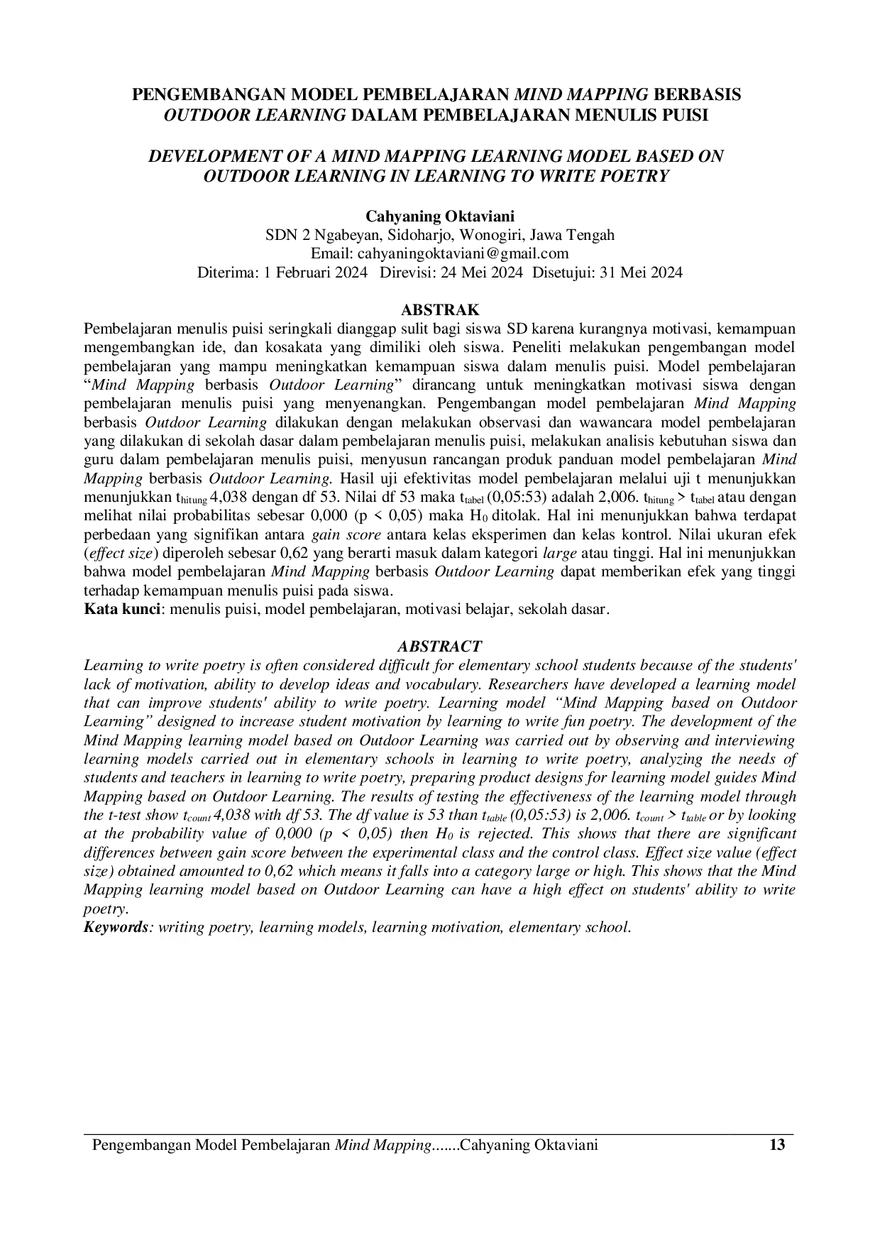 JURIS Pengembangan Model Pembelajaran Mind Mapping Berbasis Outdoor Learning dalam Pembelajaran Menulis Puisi