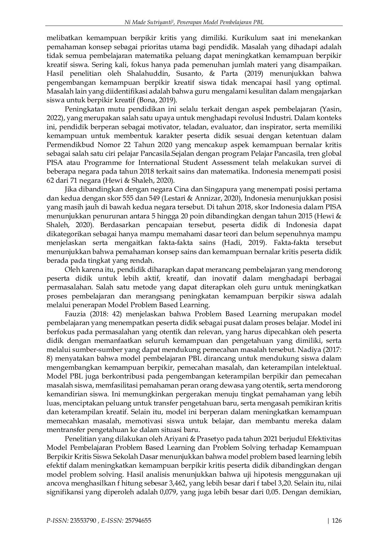 JURIS Penerapan Model Pembelajaran Problem Based Learning untuk Meningkatkan Kemampuan Berpikir Kritis Siswa SDN Model Terpadu Madani