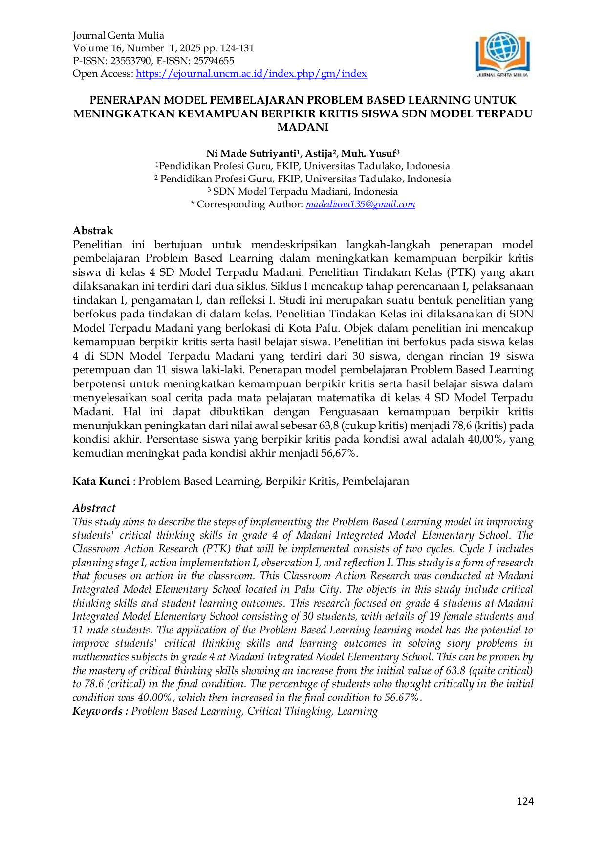 JURIS Penerapan Model Pembelajaran Problem Based Learning untuk Meningkatkan Kemampuan Berpikir Kritis Siswa SDN Model Terpadu Madani