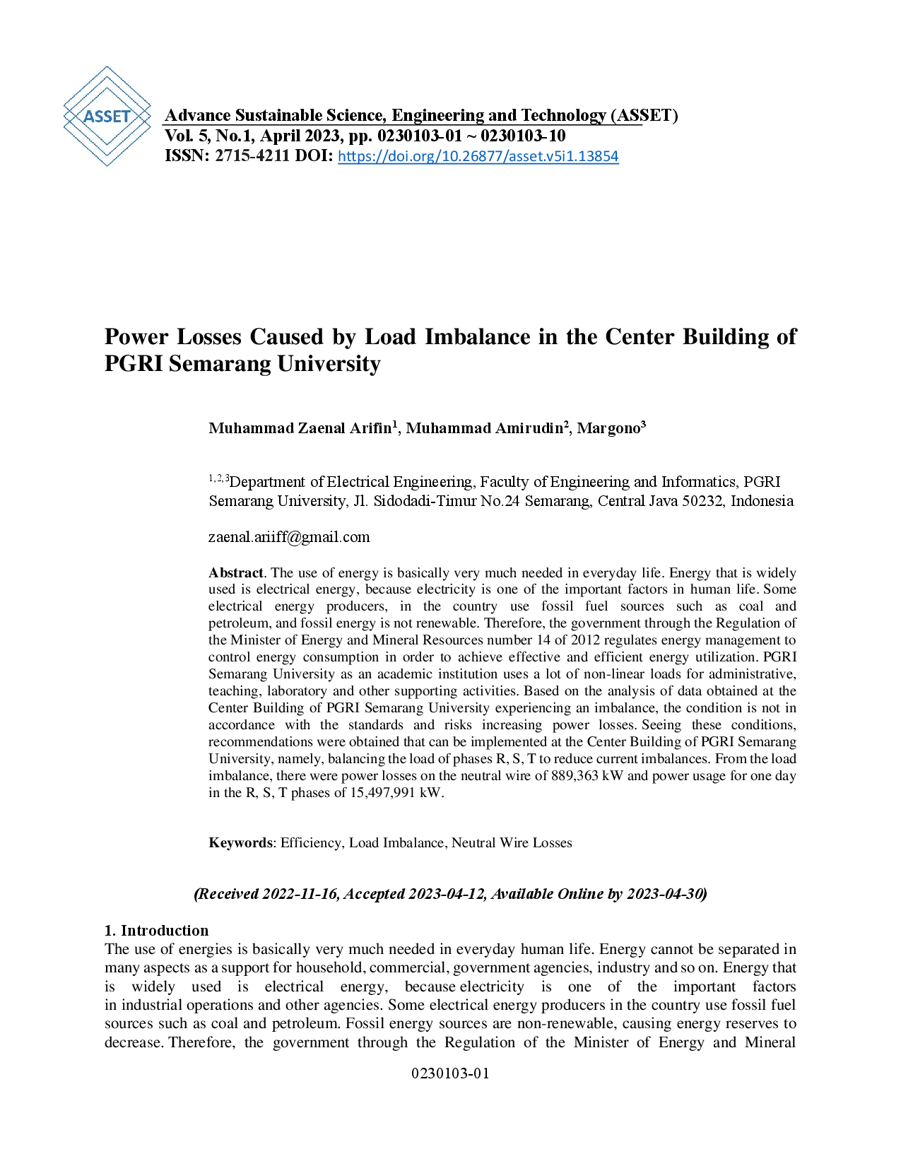 juris Power Losses Caused by Load Imbalance in the Central Building of PGRI Semarang University
