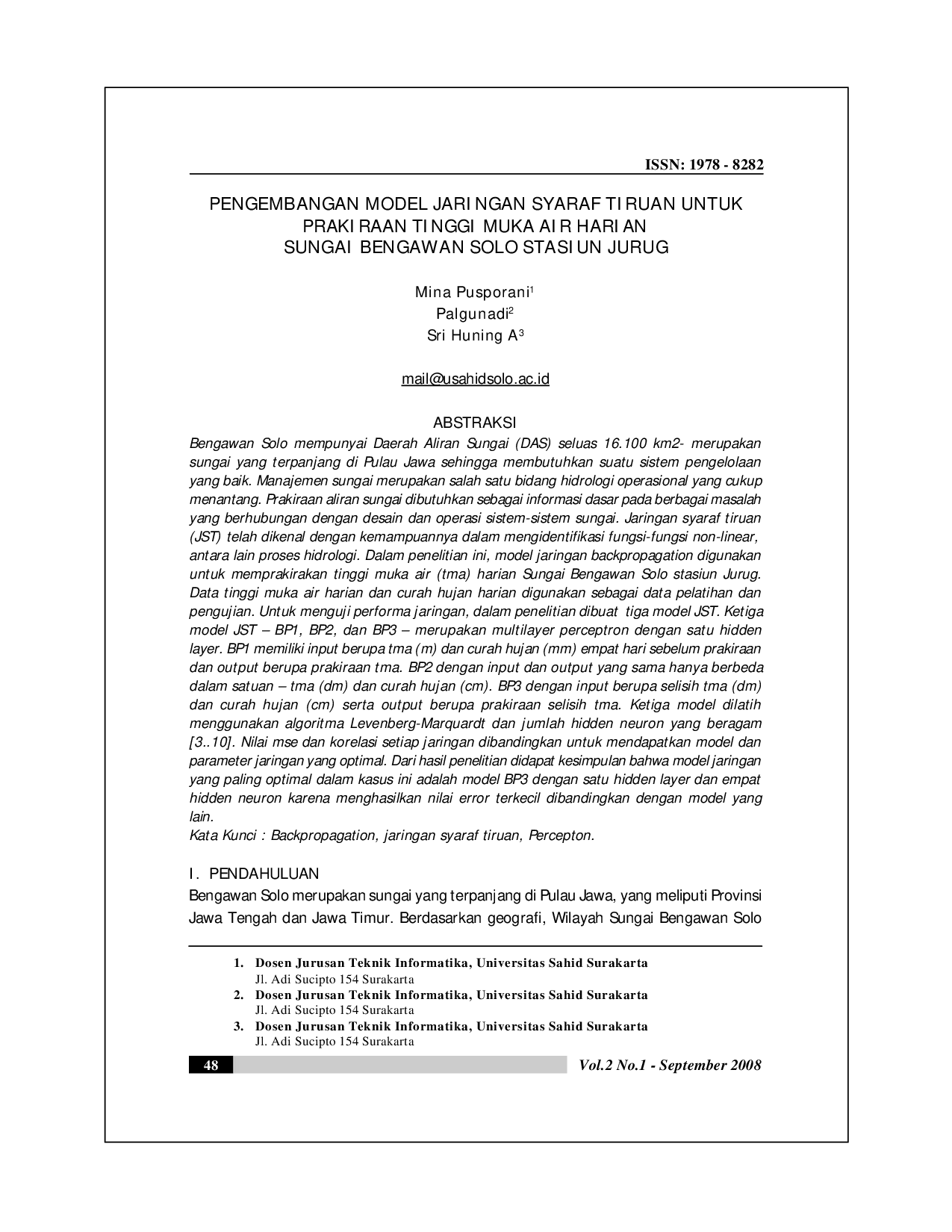 JURIS Pengembangan Model Jaringan Syaraf Tiruan untuk Prakiraan Tinggi Muka Air Harian Sungai Bengawan Solo Stasiun Jurug