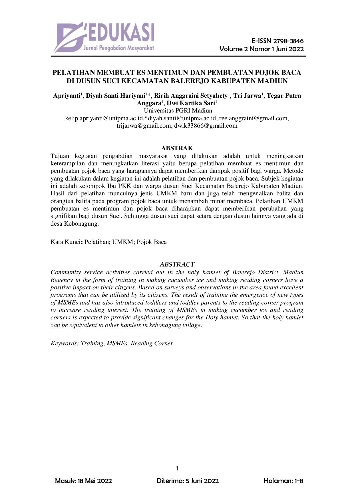 JURIS Pelatihan Membuat Es Mentimun Dan Pembuatan Pojok Baca Di Dusun Suci Kecamatan Balerejo Kabupaten Madiun