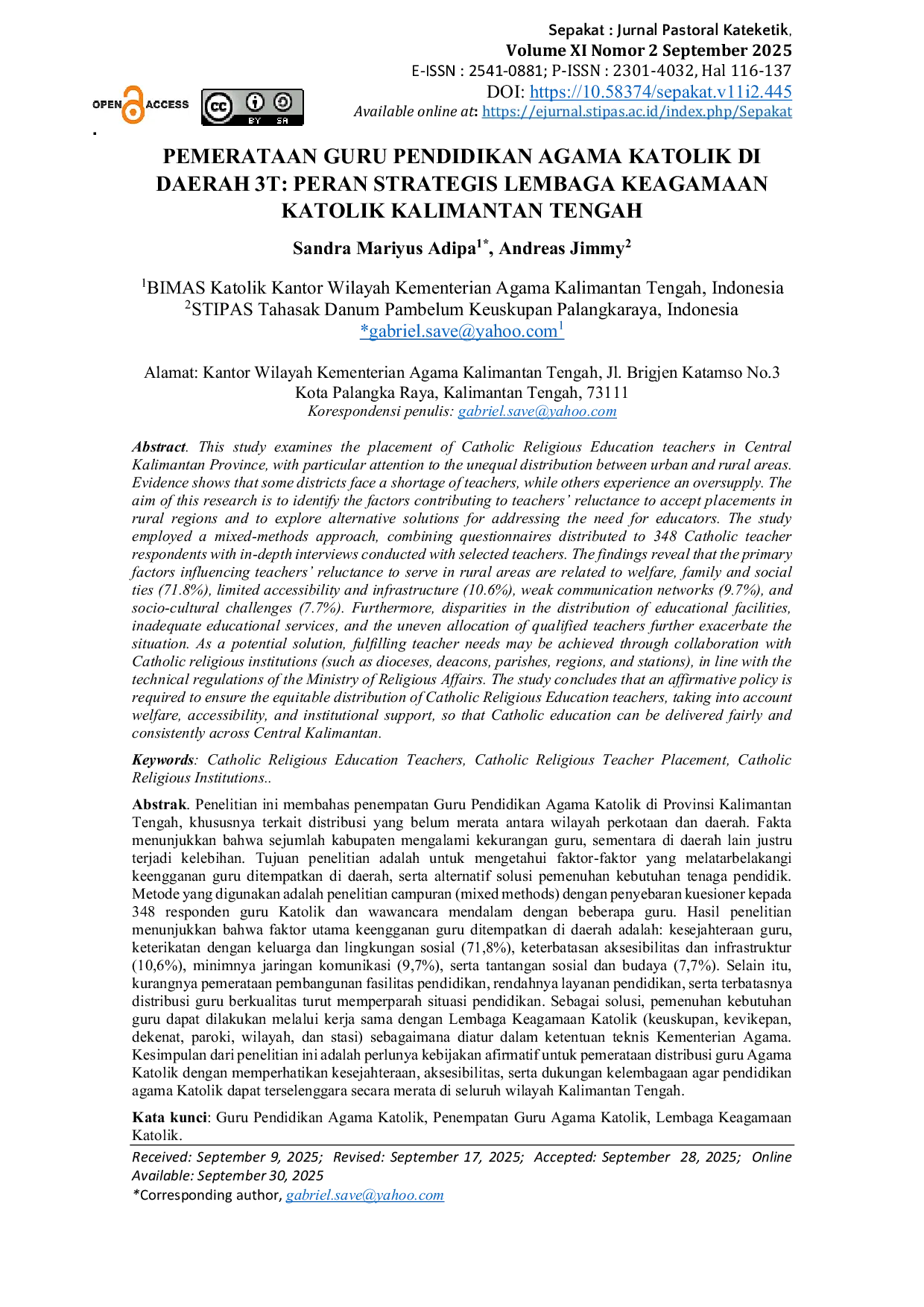 JURIS Pemerataan Guru Pendidikan Agama Katolik di Daerah 3T Peran Strategis Lembaga Keagamaan Katolik Kalimantan Tengah