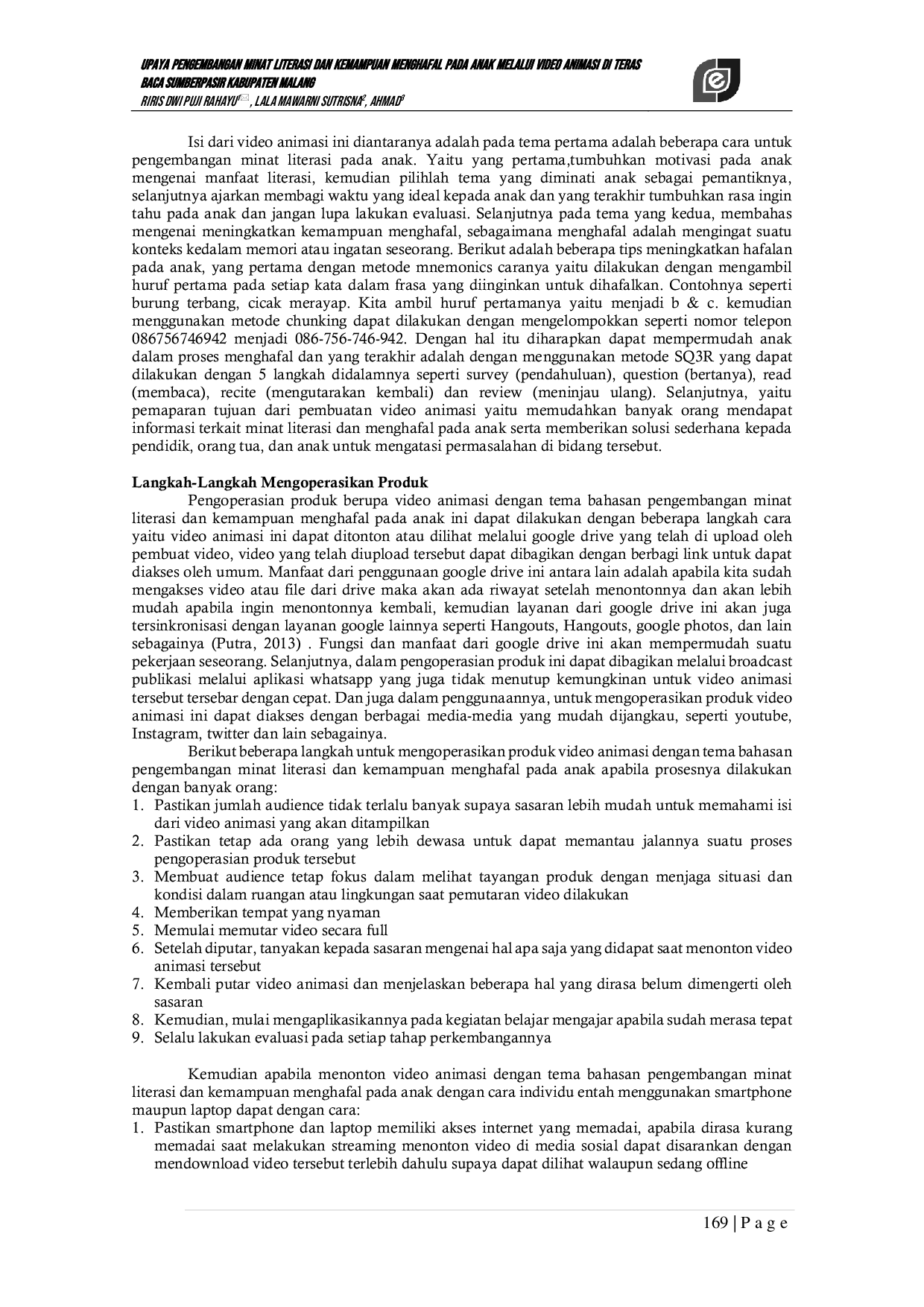 JURIS Efforts to Develop Literacy Interest and Memorizing Ability in Children Through Animated Videos on the Reading Terrace of Sumberpasir Malang Regency