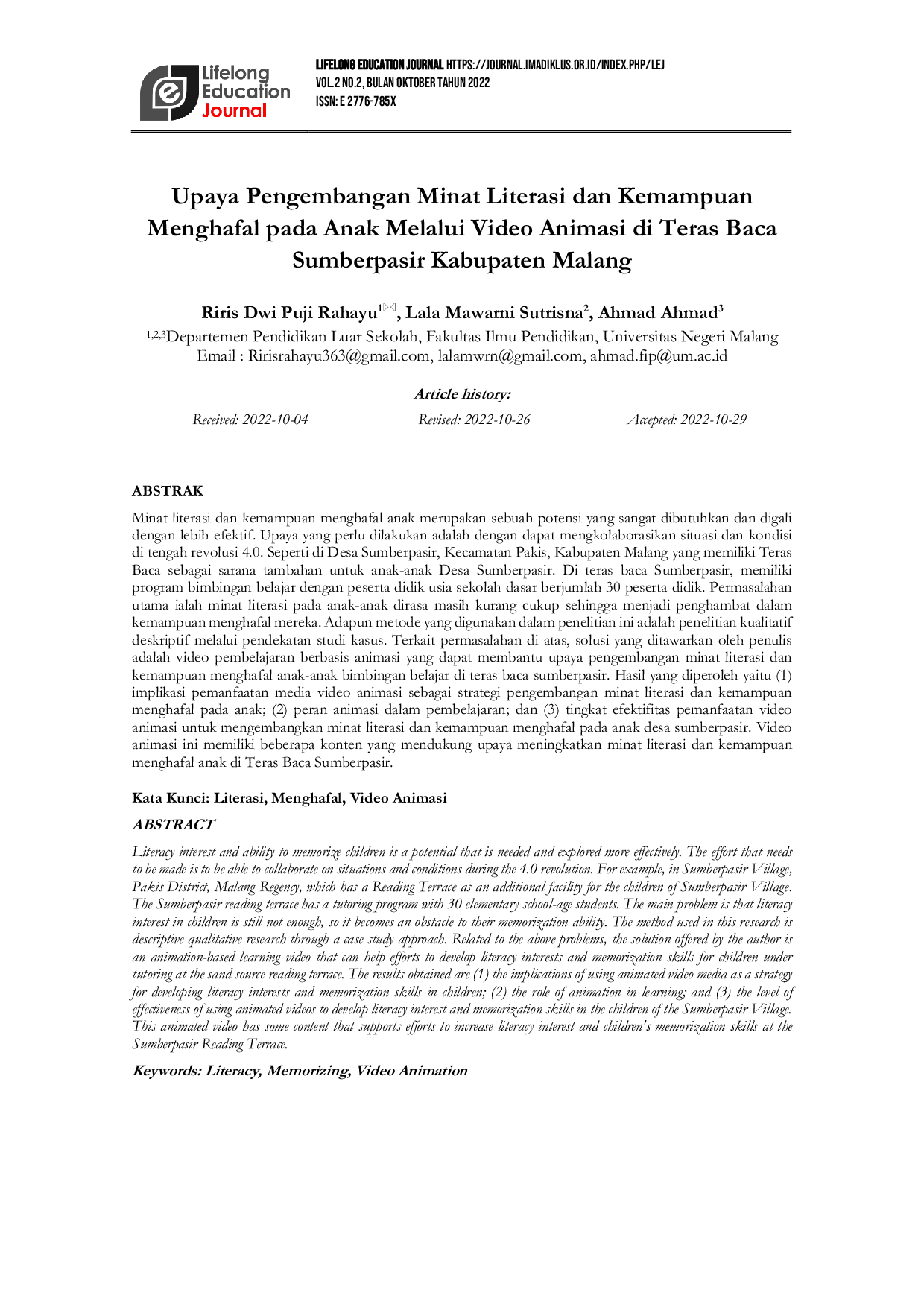 JURIS Efforts to Develop Literacy Interest and Memorizing Ability in Children Through Animated Videos on the Reading Terrace of Sumberpasir Malang Regency