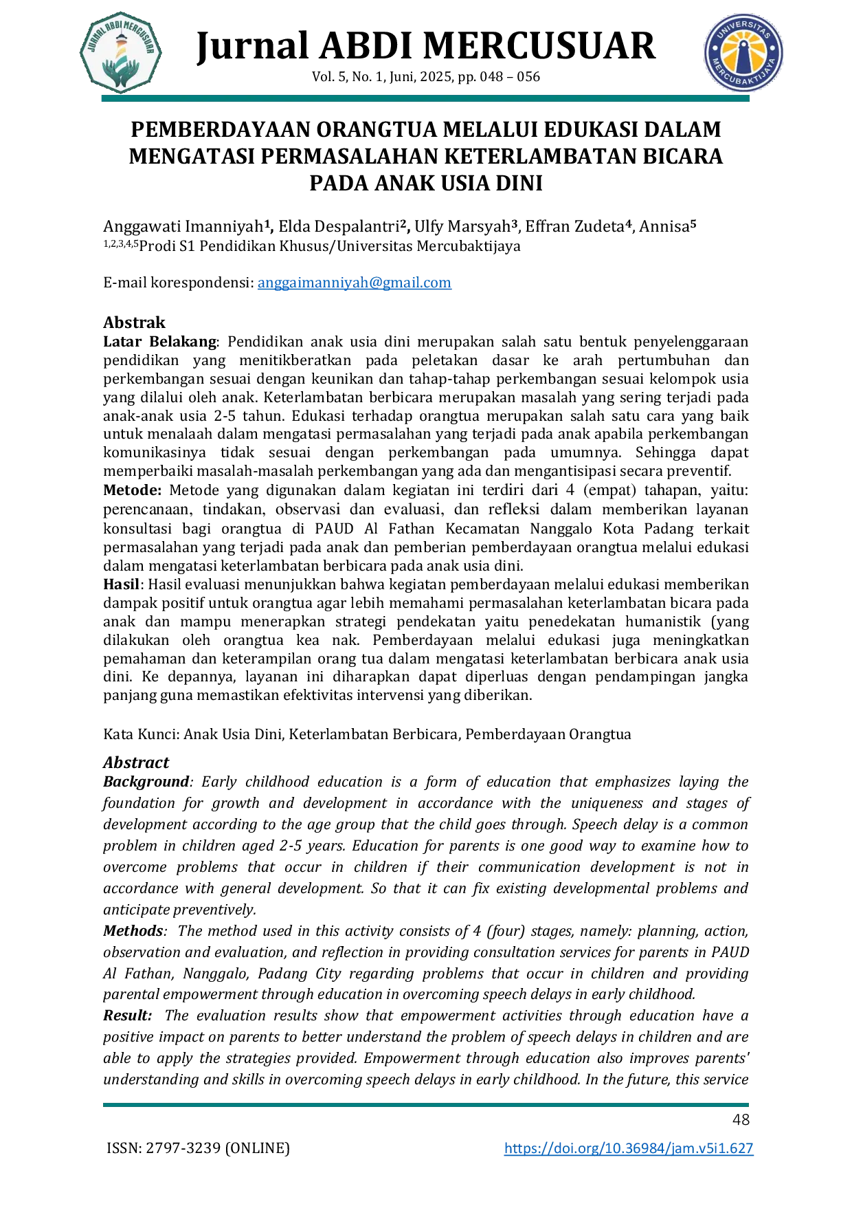 JURIS Pemberdayaan Orangtua Melalui Edukasi dalam Mengatasi Permasalahan Keterlambatan Bicara pada Anak Usia Dini