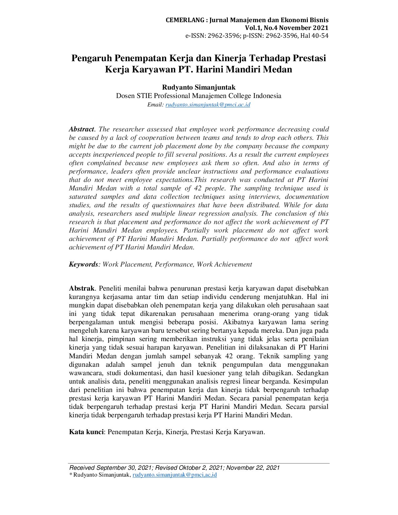 JURIS Pengaruh Penempatan Kerja dan Kinerja Terhadap Prestasi Kerja Karyawan PT Harini Mandiri Medan