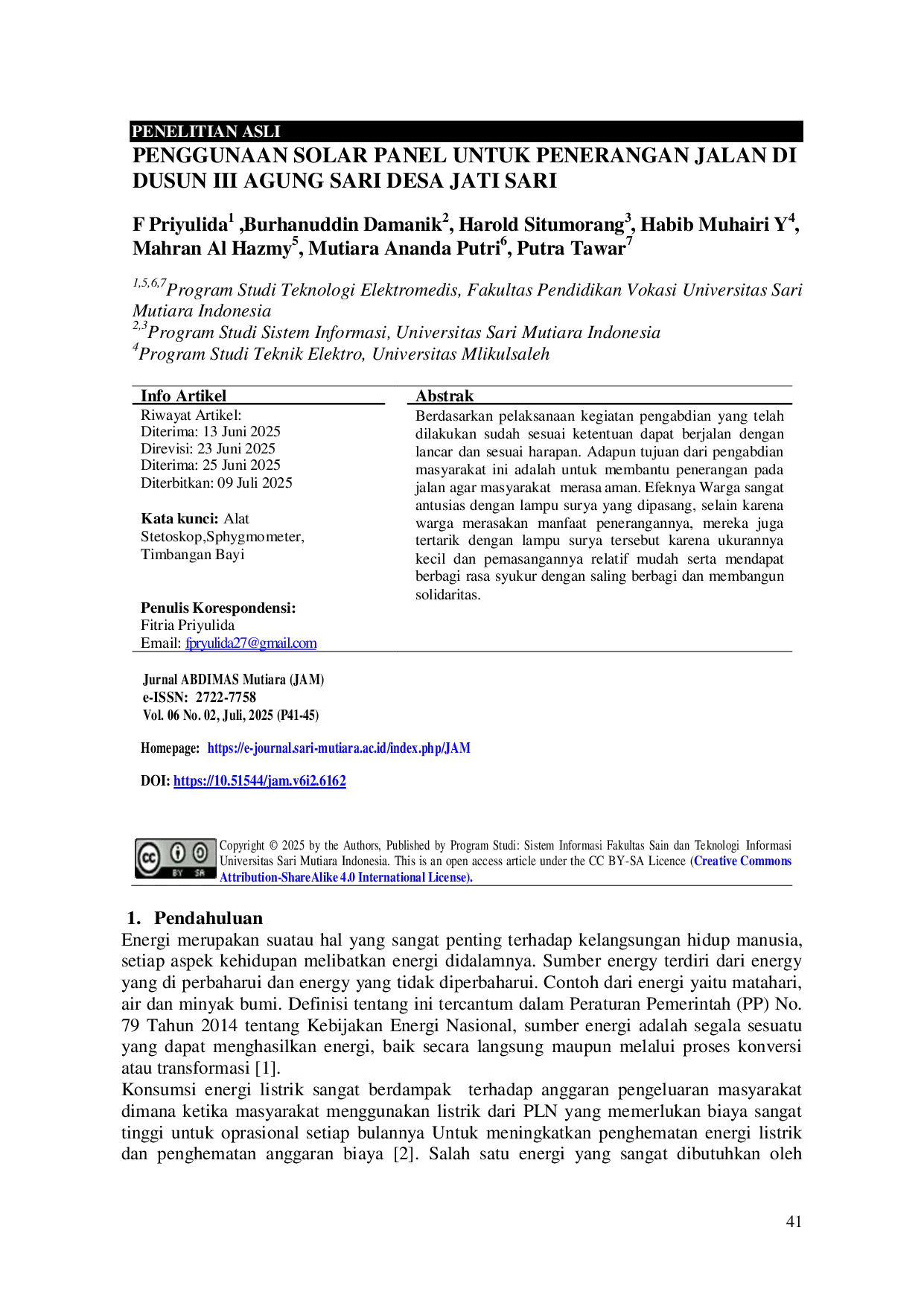 JURIS Penggunaan Solar Panel untuk Penerangan Jalan di Dusun III Agung Sari Desa Jati Sari