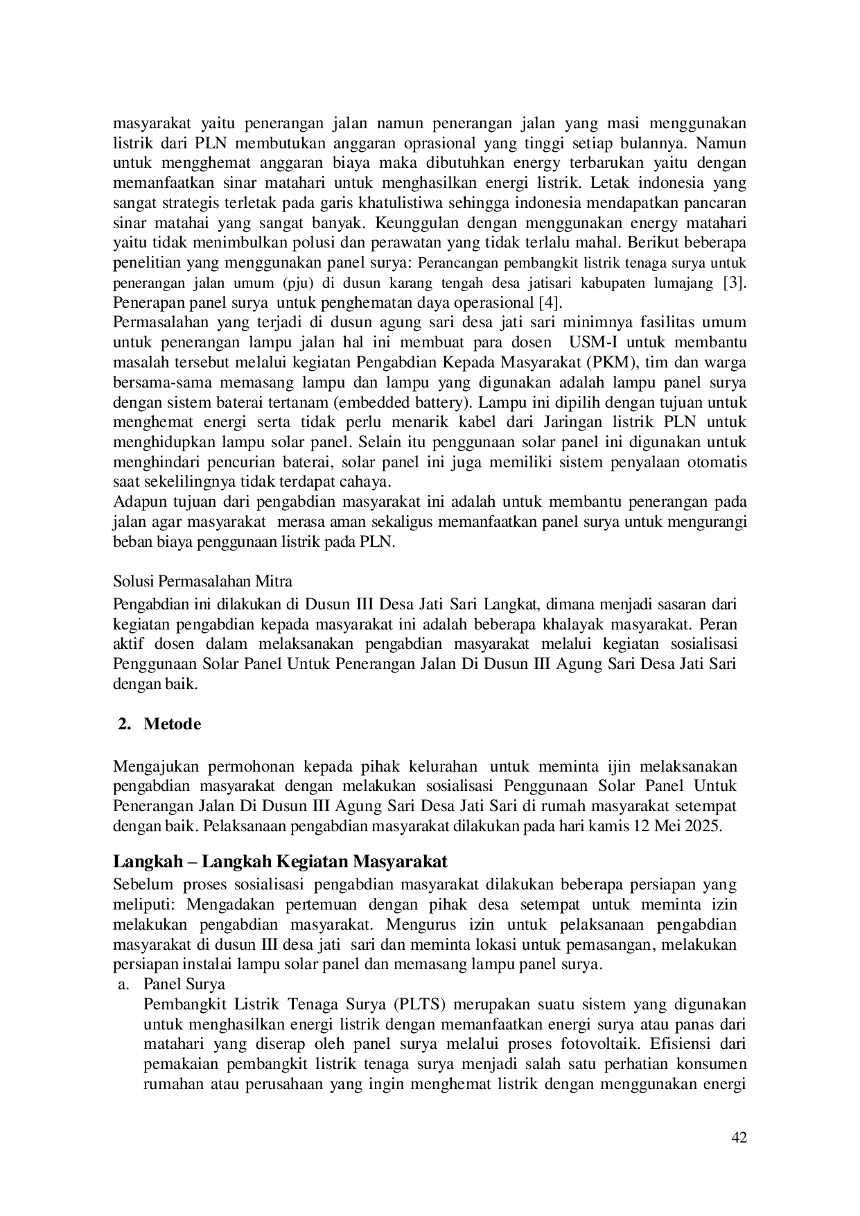 JURIS Penggunaan Solar Panel untuk Penerangan Jalan di Dusun III Agung Sari Desa Jati Sari
