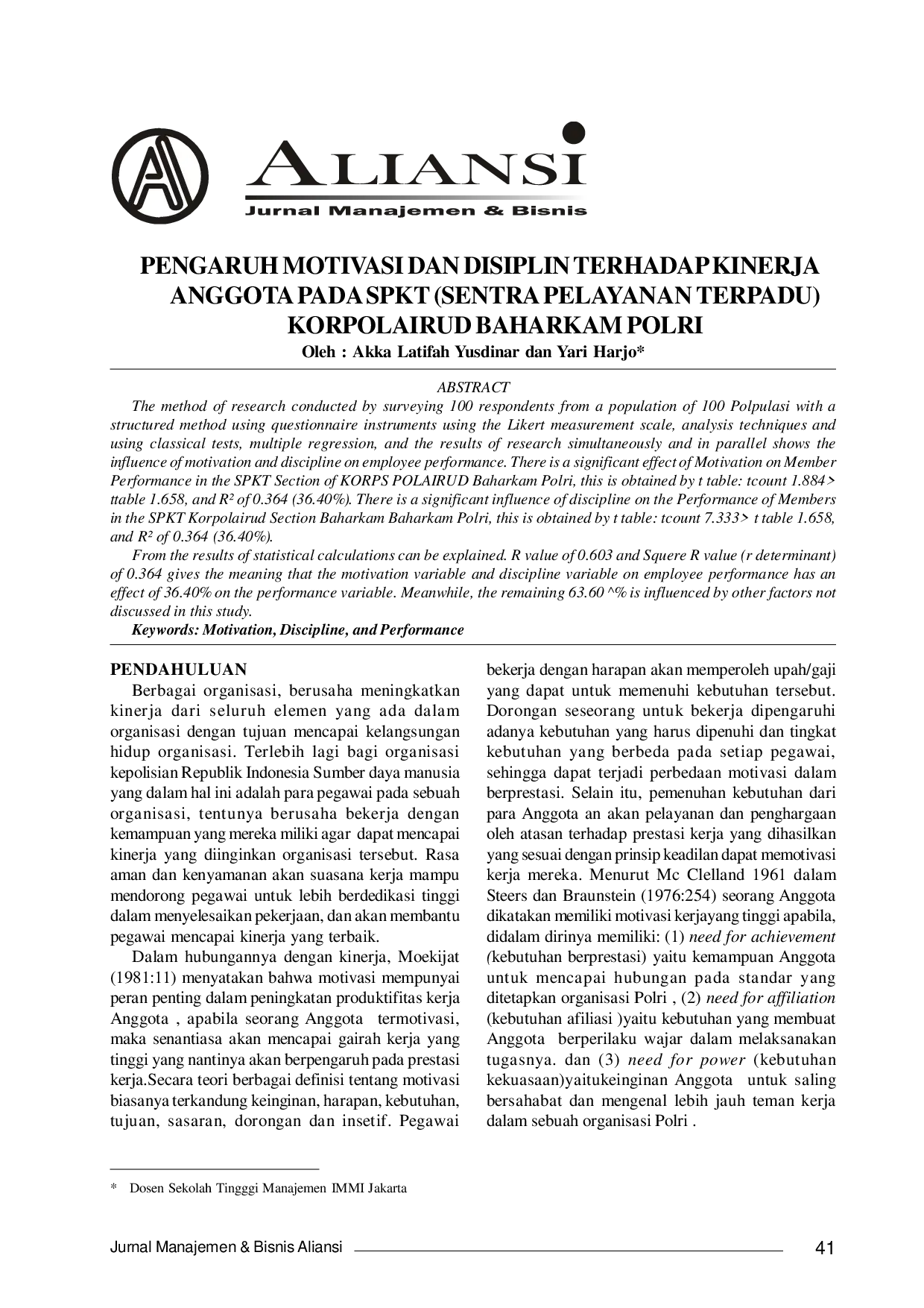 JURIS Pengaruh Motivasi Dan Disiplin Terhadap Kinerja Anggota Pada Spkt Sentra Pelayanan Terpadu Korpolairud Baharkam Polri